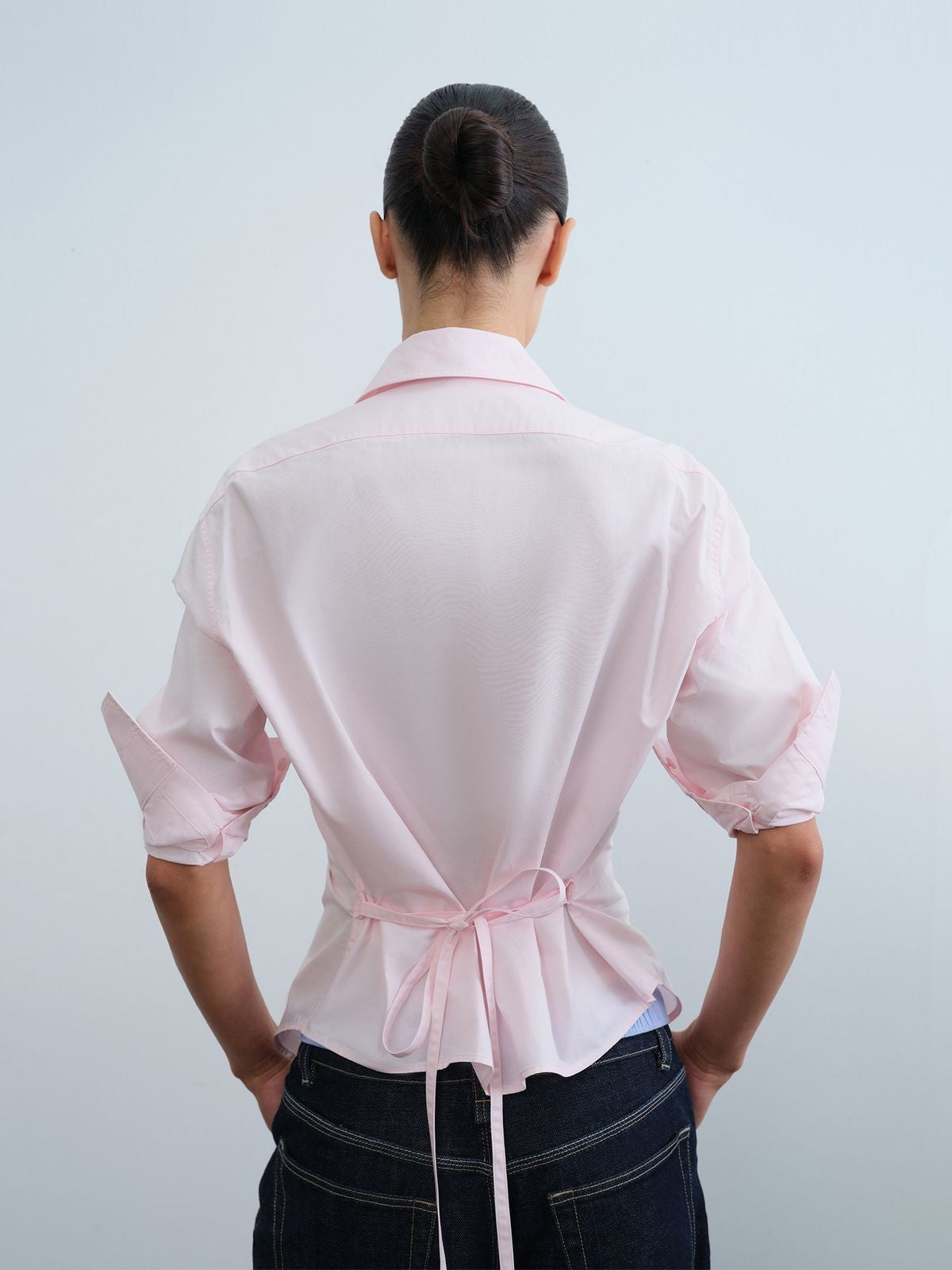 RARELY ALIKE Two Way Tie Waist Cotton Shirt in Pink - On Model