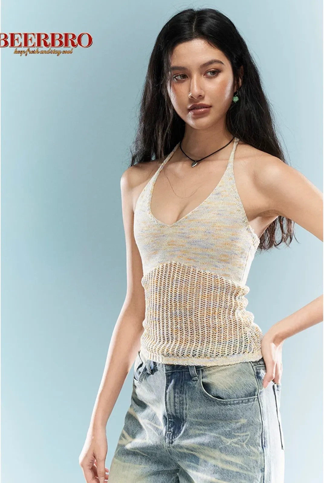 BeerBro Hollow Out Knit Halter Top in Beige