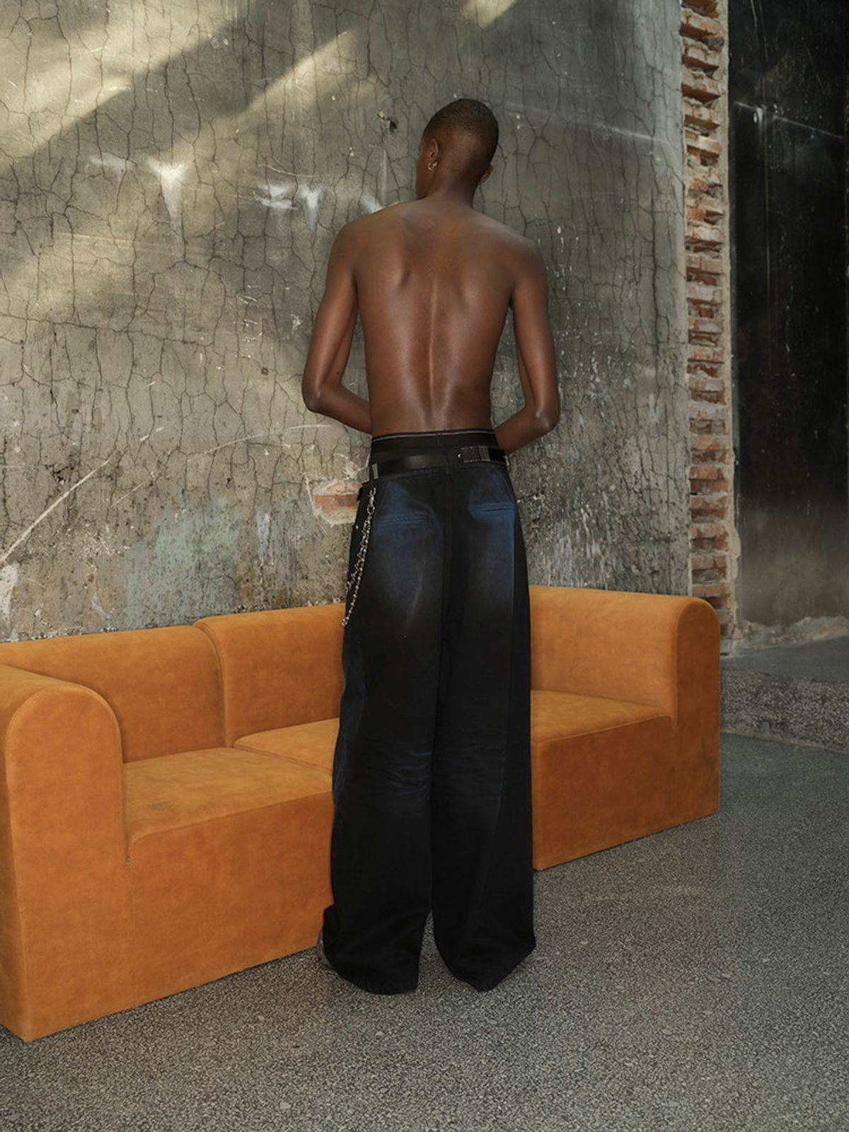 TRIANGLE PROJECT Dirty Wash Spray Detail Jeans in Black - On Model