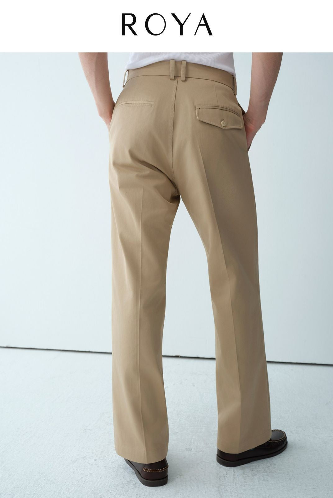 ROYA Pleated Long Staple Cotton Chinos in Khaki - On Model