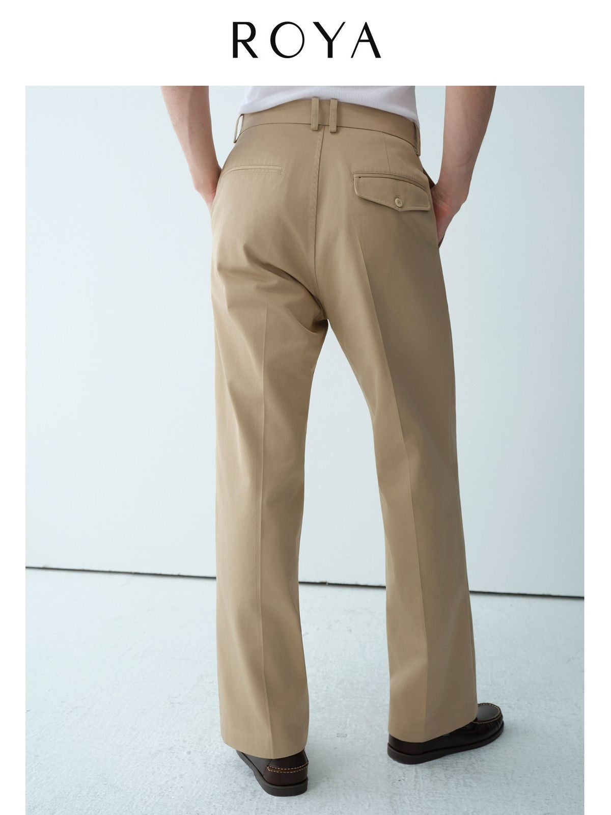 ROYA Pleated Long Staple Cotton Chinos in Khaki - On Model