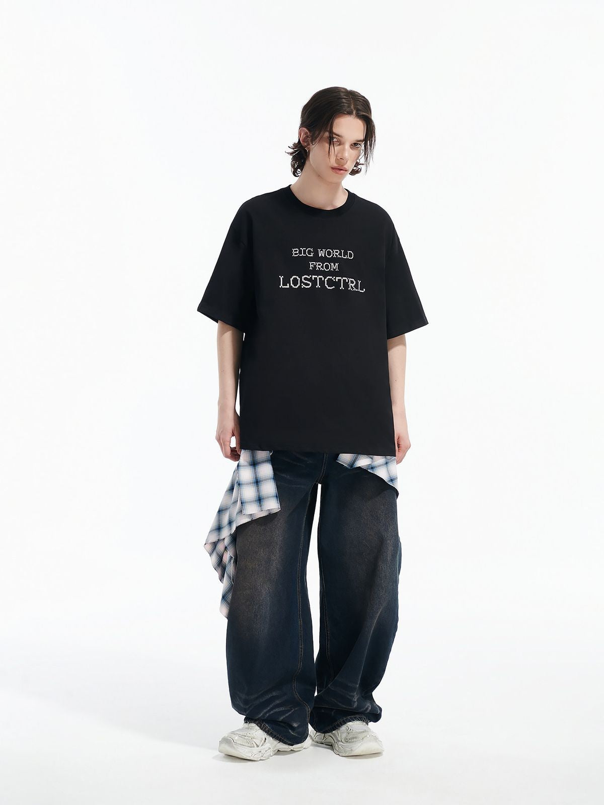 LOSTCTRL Cross Stitch Graphic Tee in Black - On Male Model