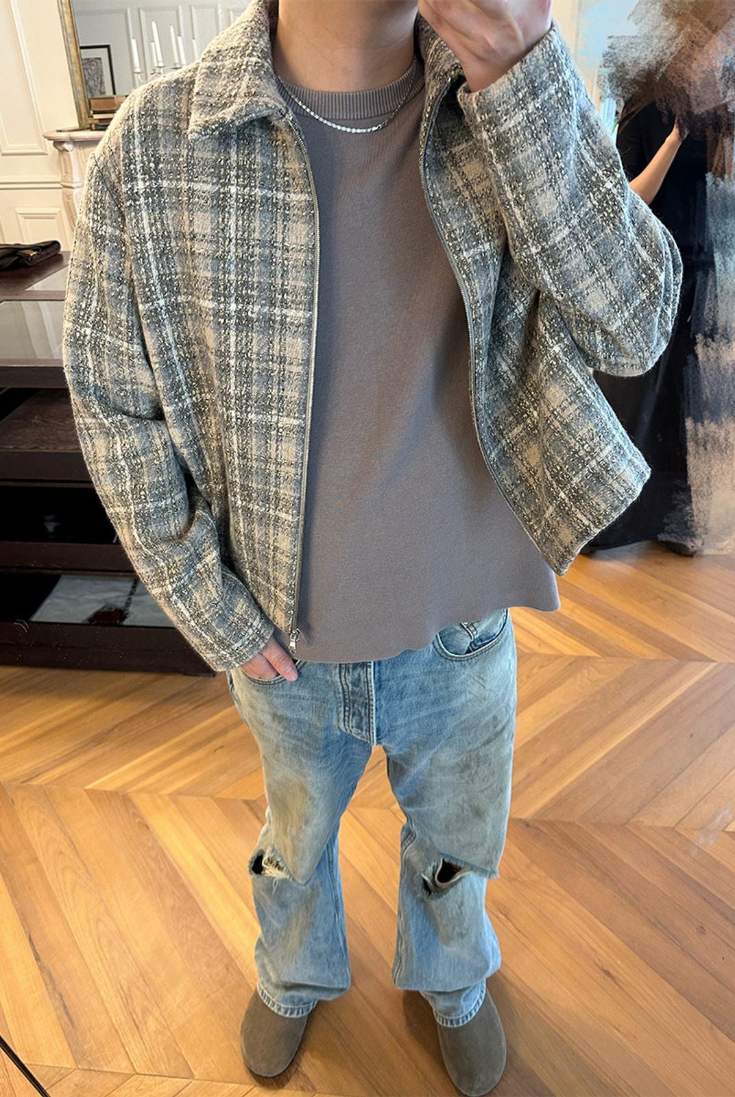 Roolrren Homme Short Wool Tweed Zip Jacket in Gray - On Model