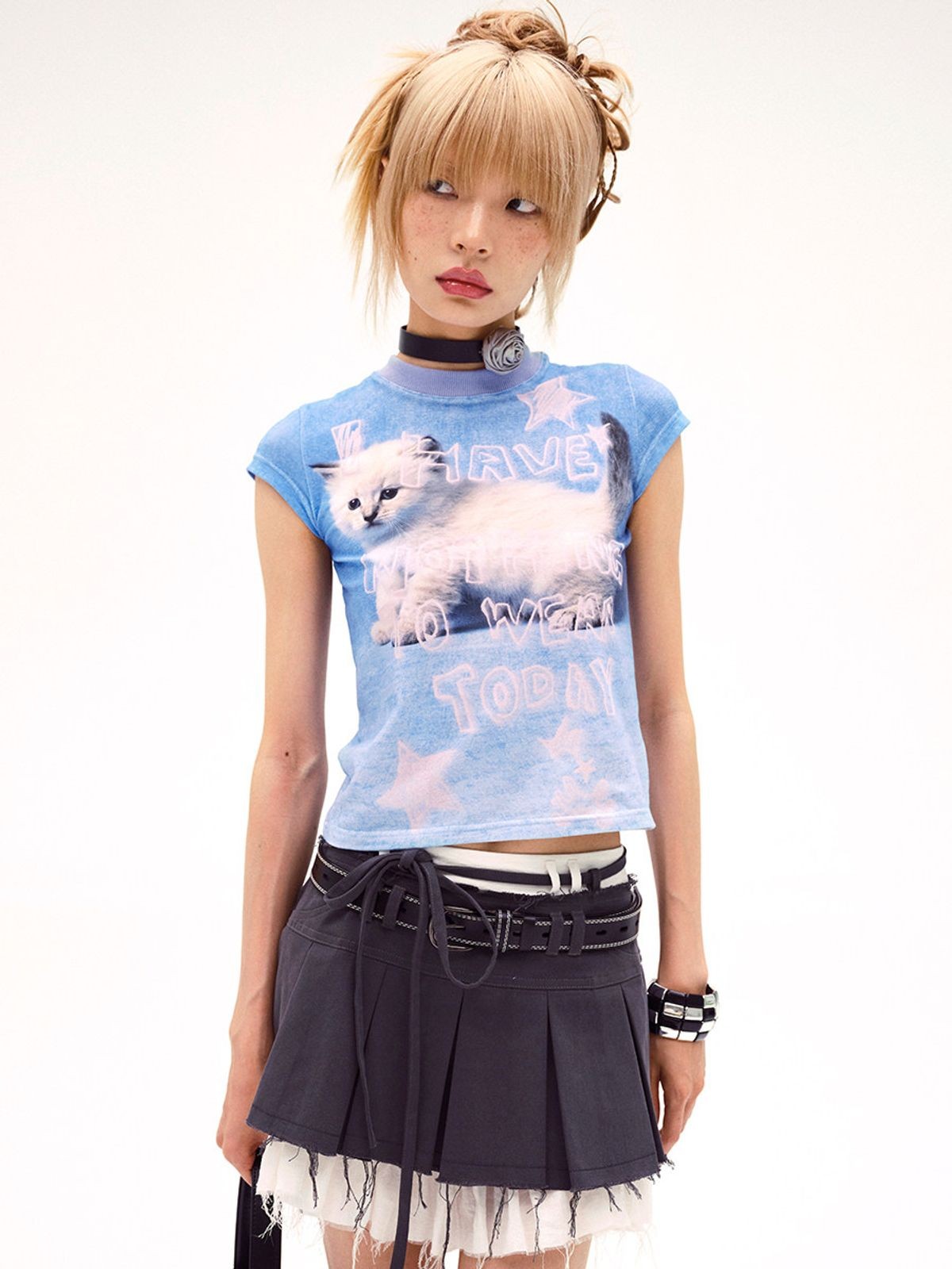 CFIERCE Nothing To Wear Kitten T Shirt in Blue - On Model