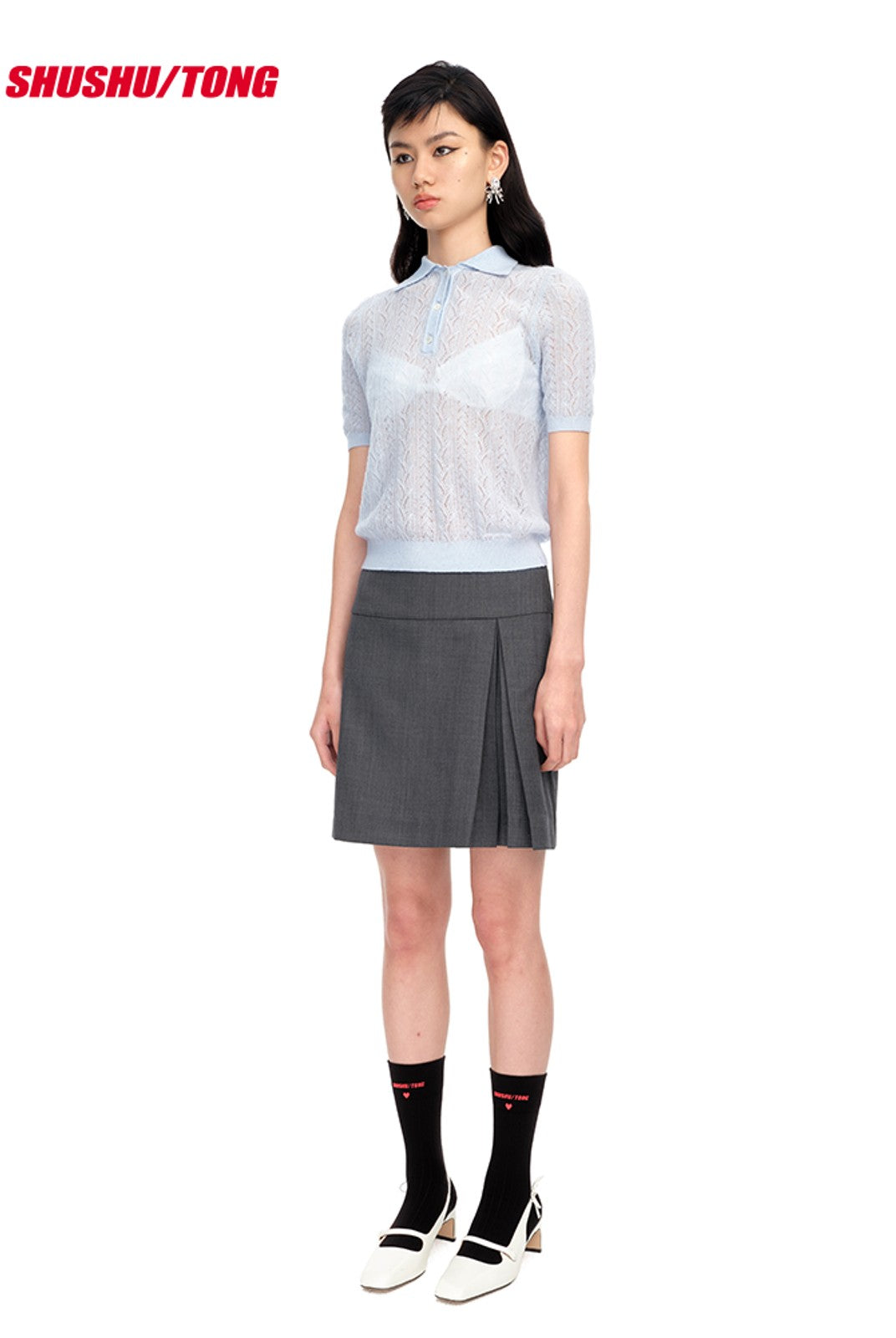 SHUSHUTONG Side Pleated Wool Blend Mini Skirt in Gray