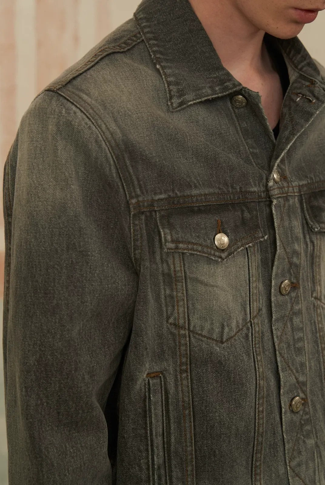 Retro 21 Distressed Gray Denim Jacket with Shoulder Pads in Gray - On Model