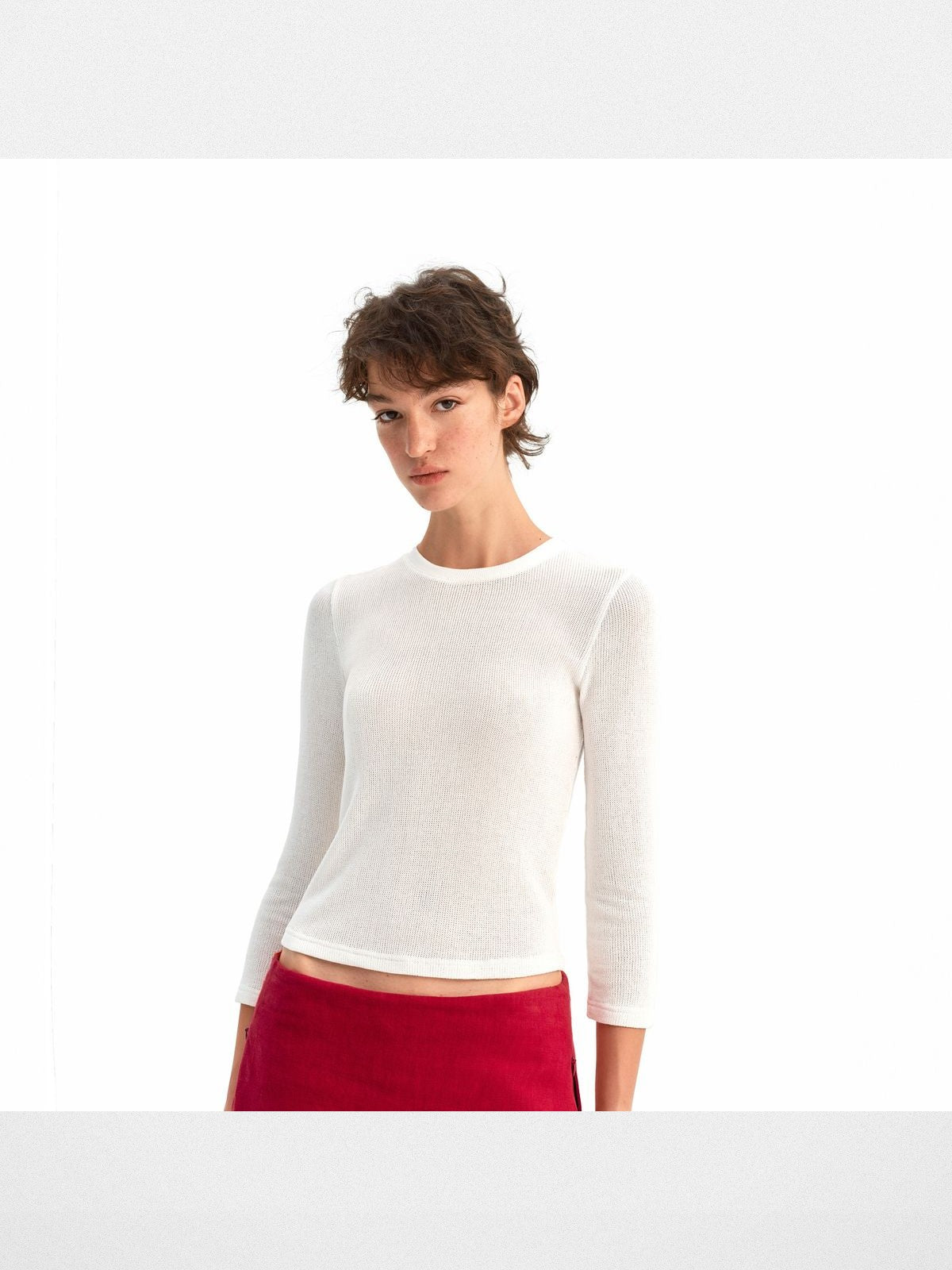 PUKI Textured Half Sleeve Cropped Top in White - On Model