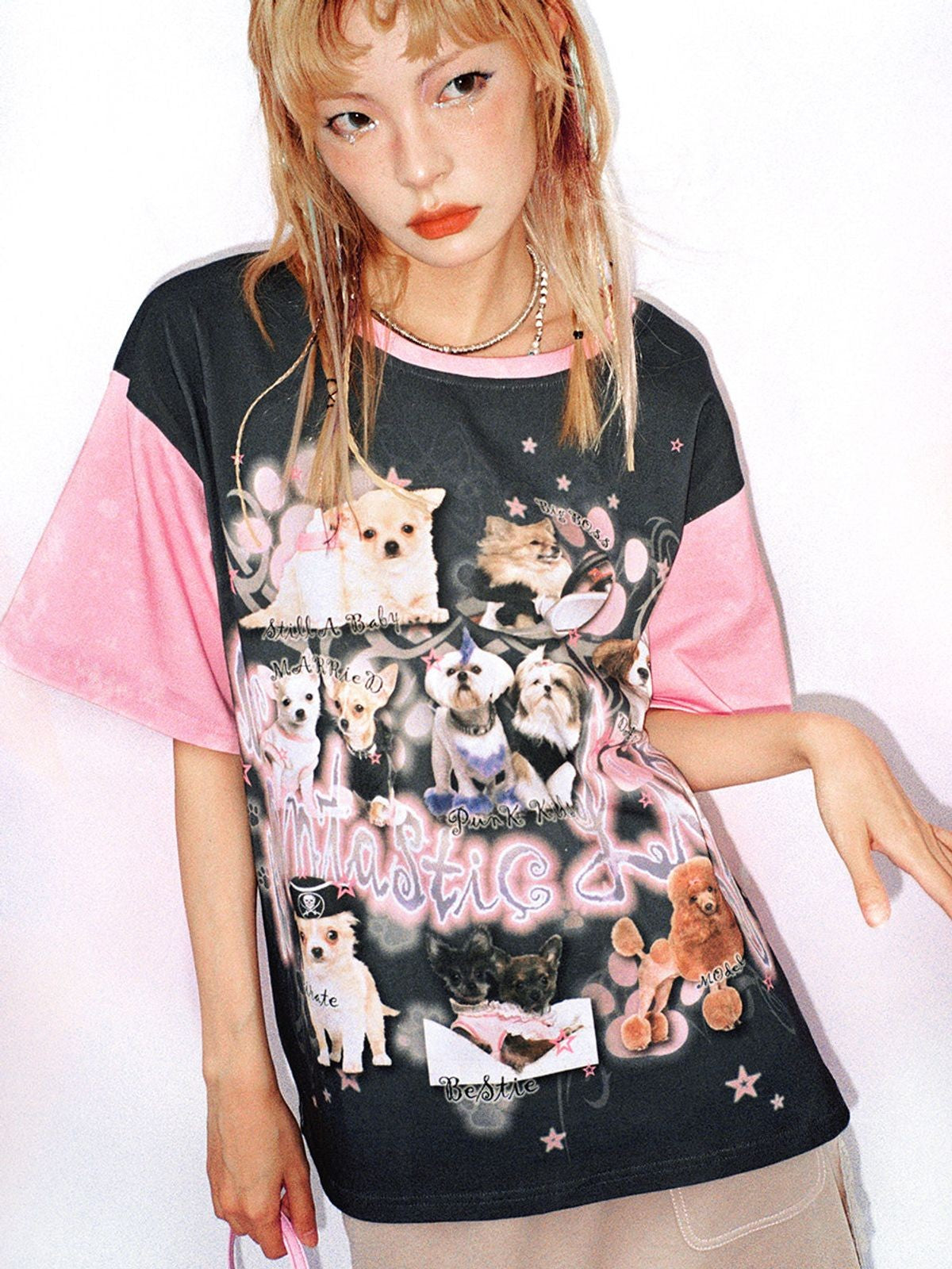 CFIERCE Dog Graphic Contrast Oversized Tee in Gray - On Model