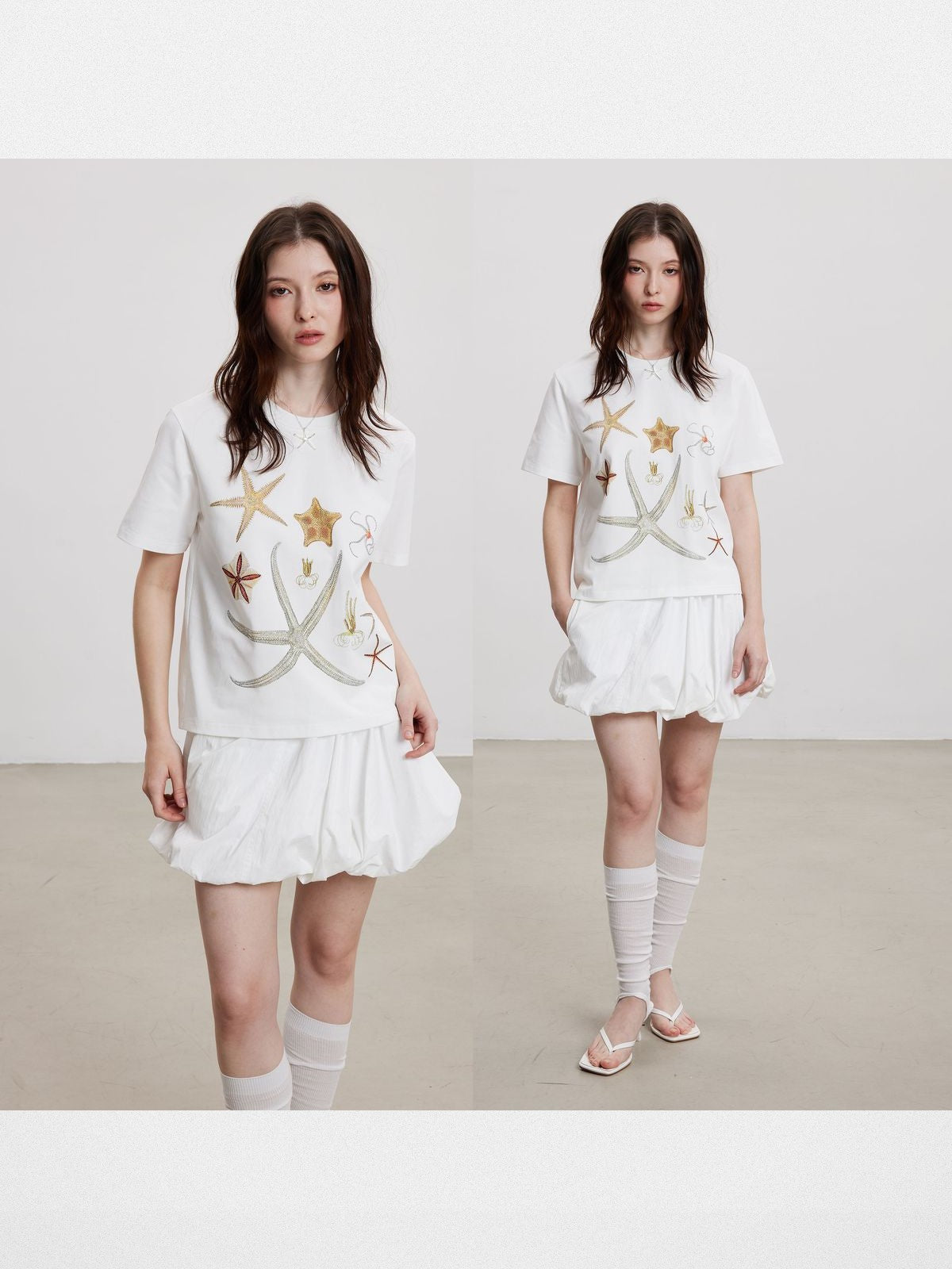 THELIGHT OFFICIAL Starfish Rhinestone T Shirt in White - On Model