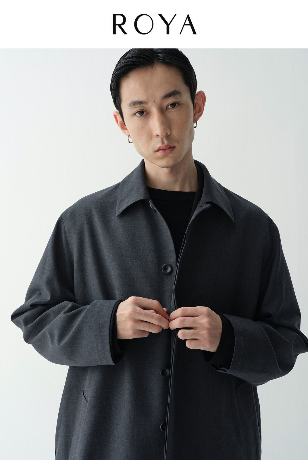 ROYA Merino Wool Blend Balmacaan Coat in Gray - On Model