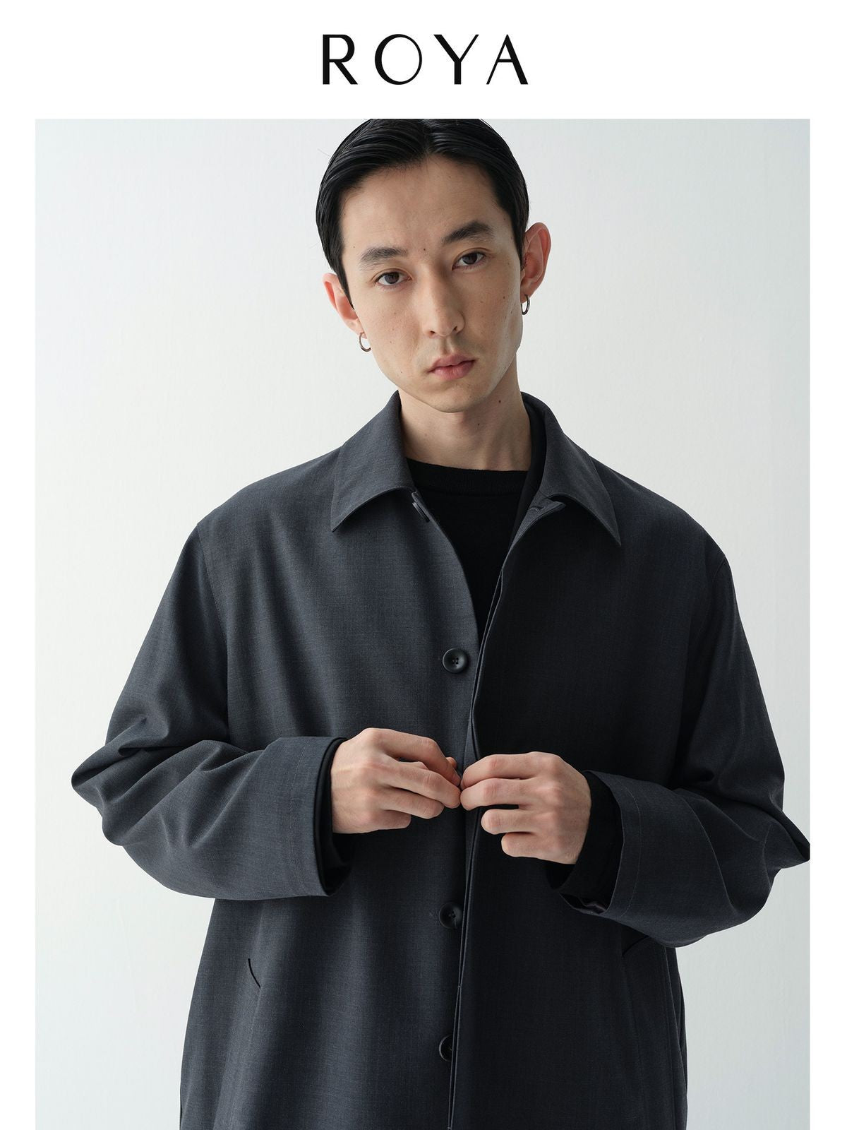 ROYA Merino Wool Blend Balmacaan Coat in Gray - On Model