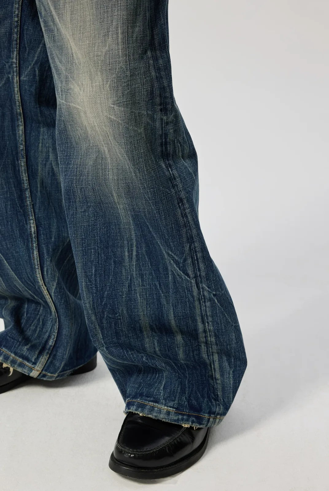 Simple Project Lightning Wash Wide Leg Jeans in Blue - On Male Model
