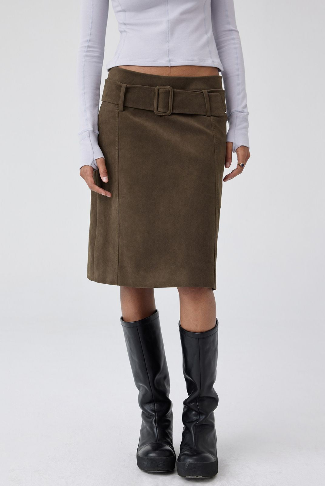 Simple Project Belted Suedette Mini Skirt in Brown - On Model