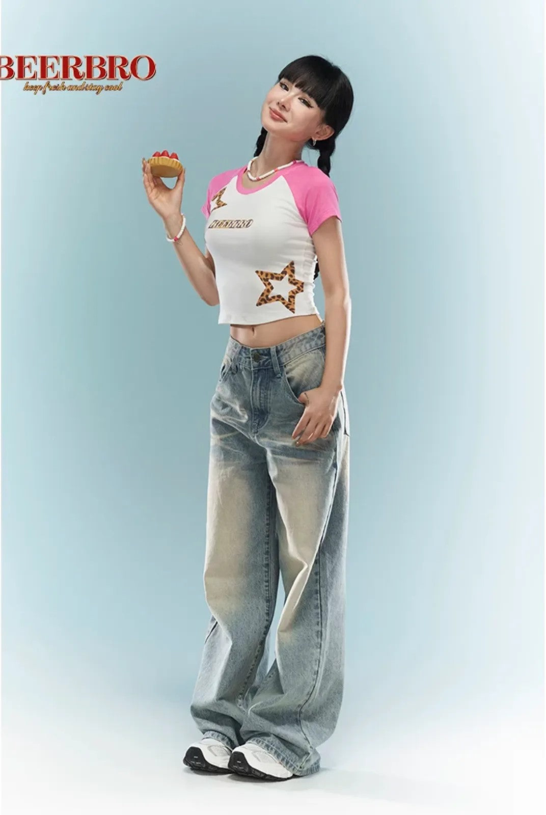 BeerBro Leopard Star Raglan Crop Top in White - On Model