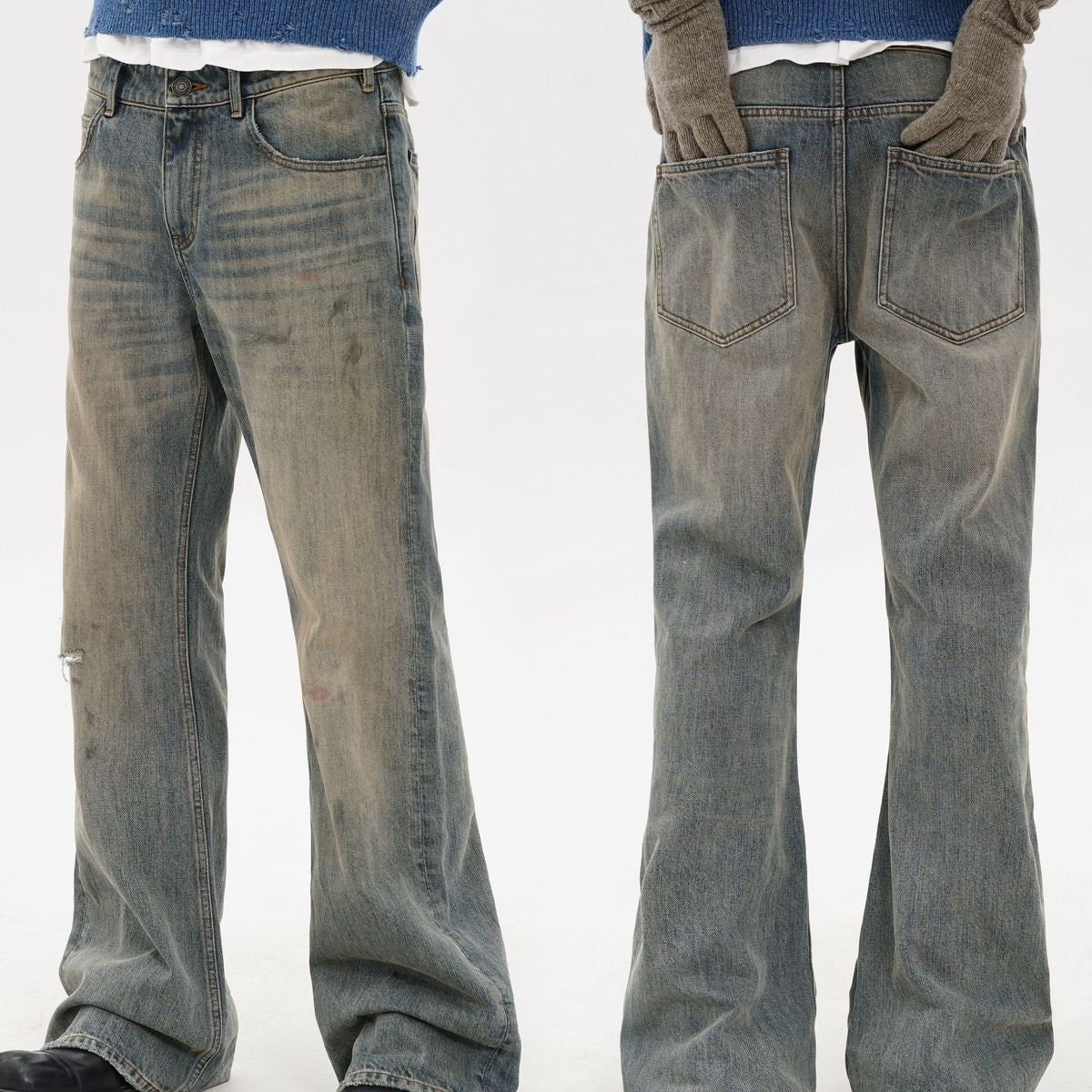 MASONPRINCE Distressed Boot Cut Washed Jeans in Blue - On Model #color_blue