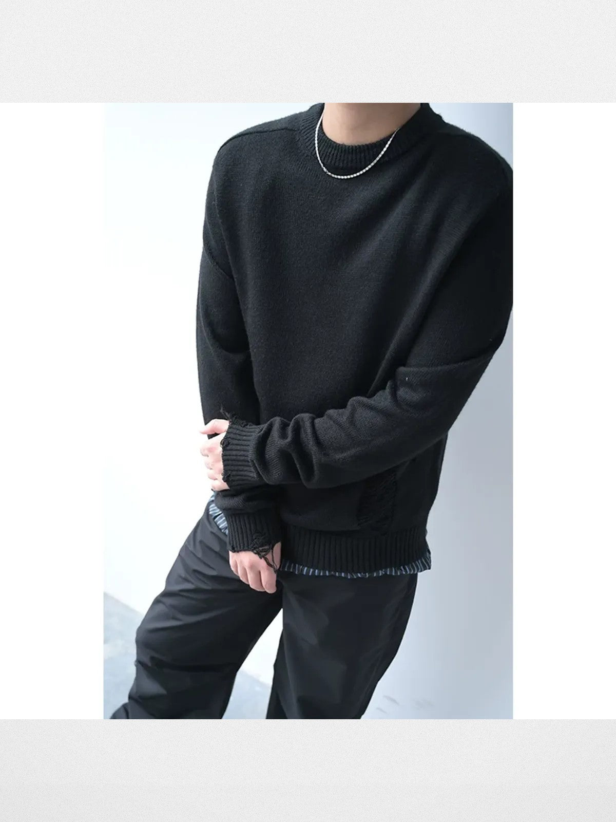 Roolrren Homme Distressed Layered Wool Sweater in Black - On Model