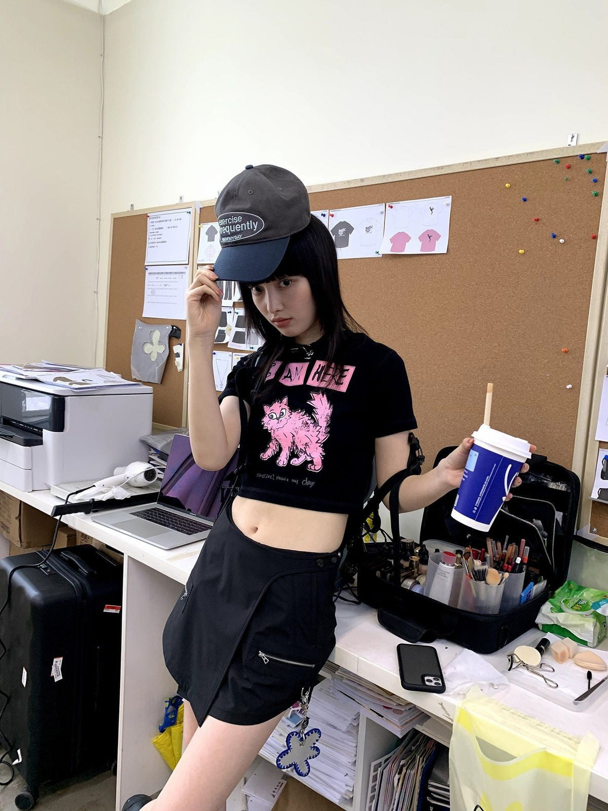 NeverSeez Kitten Graphic Baby Tee in Pink - On Model