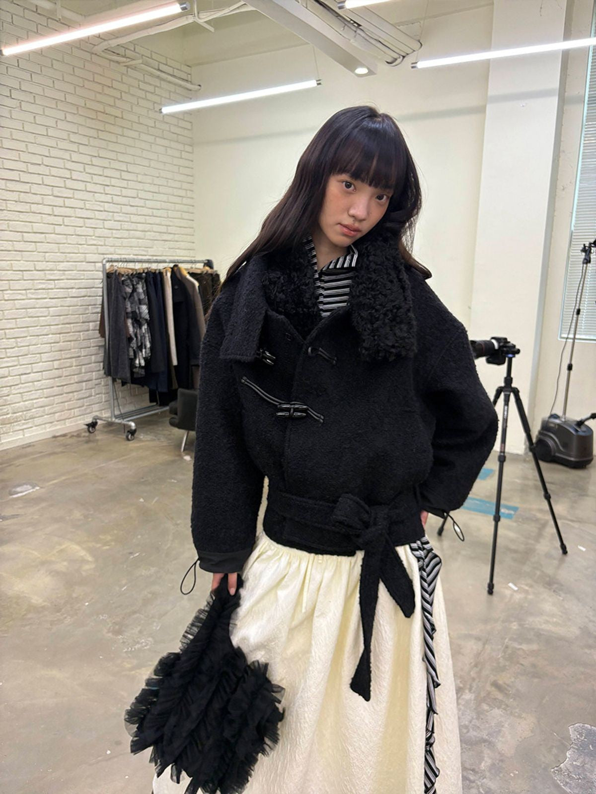 NeverSeez Short Boucl Wool Toggle Coat in Black - On Model