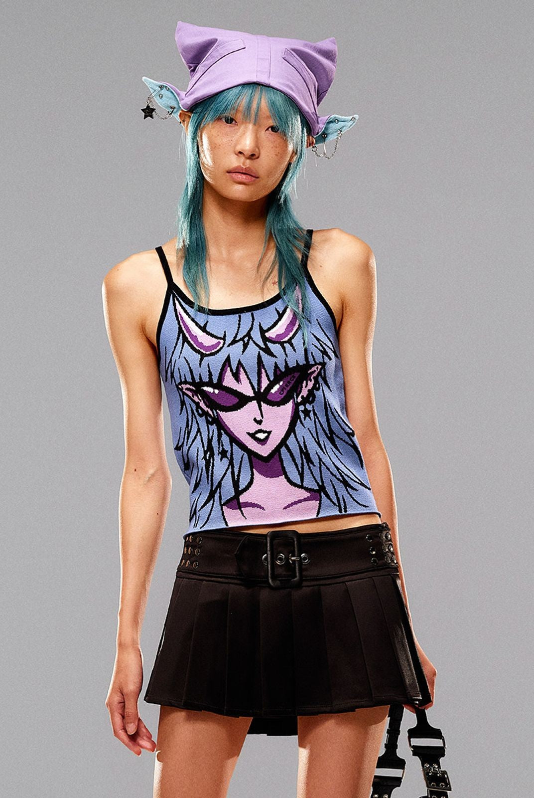 CFIERCE Chain Detail Elf Ear Hat in Purple - On Model