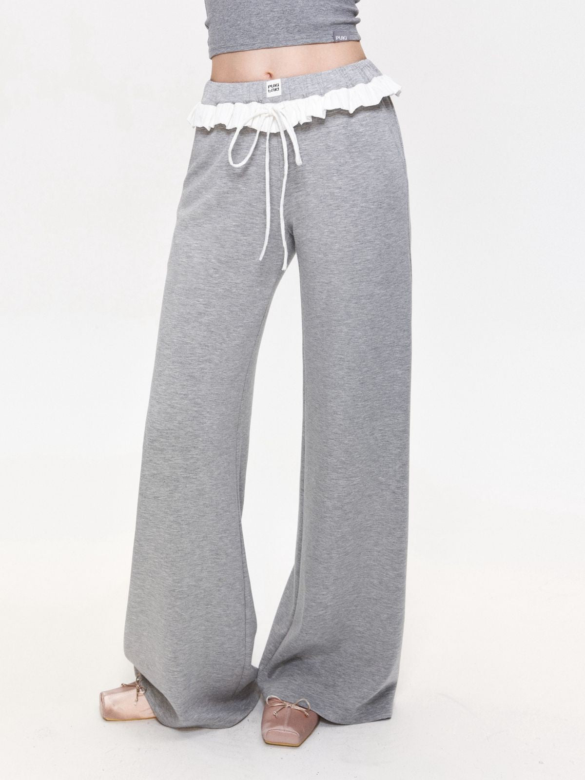 PUKI Ruffle Waist Wide Leg Sweatpants in Gray - On Model