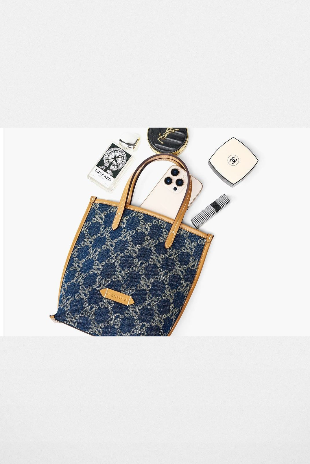 WANLIMA Leather Trimmed Monogram Denim Tote in Denim