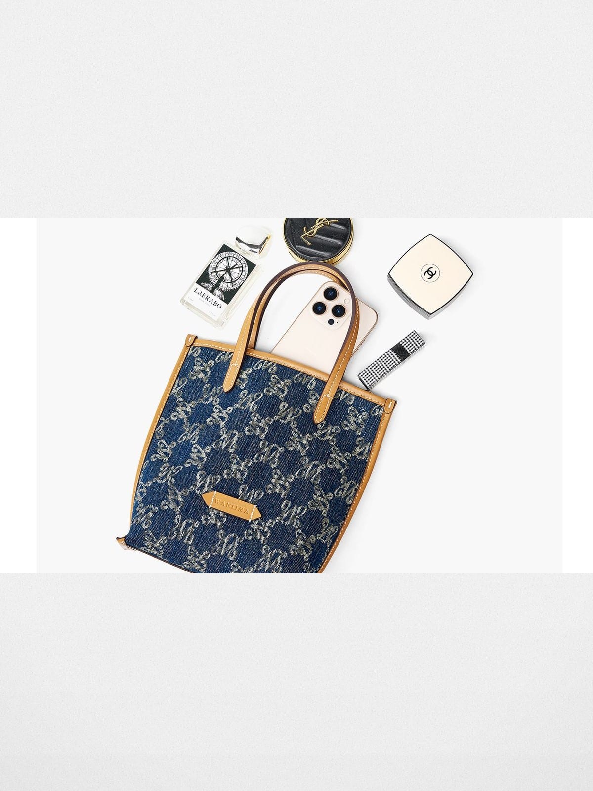 WANLIMA Leather Trimmed Monogram Denim Tote in Denim