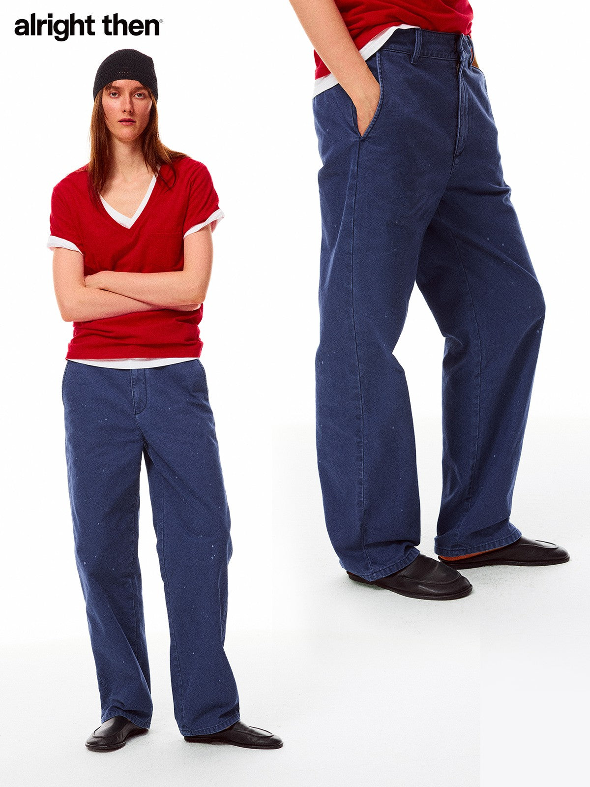 Alright Then Washed Canvas Splatter Pants in Navy Blue - On Model