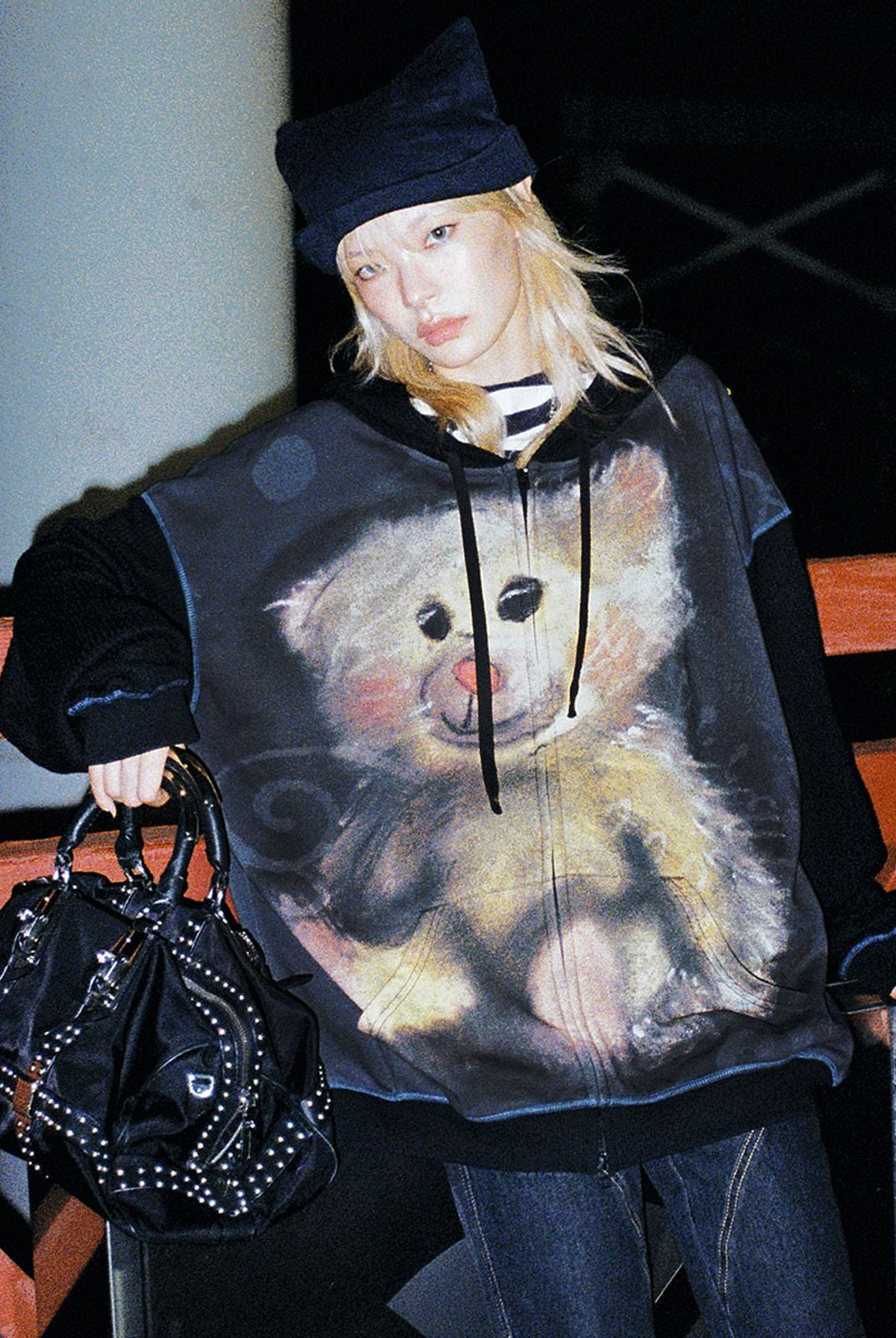 CFIERCE Little Bear Print Zip Hoodie in Gray - On Model