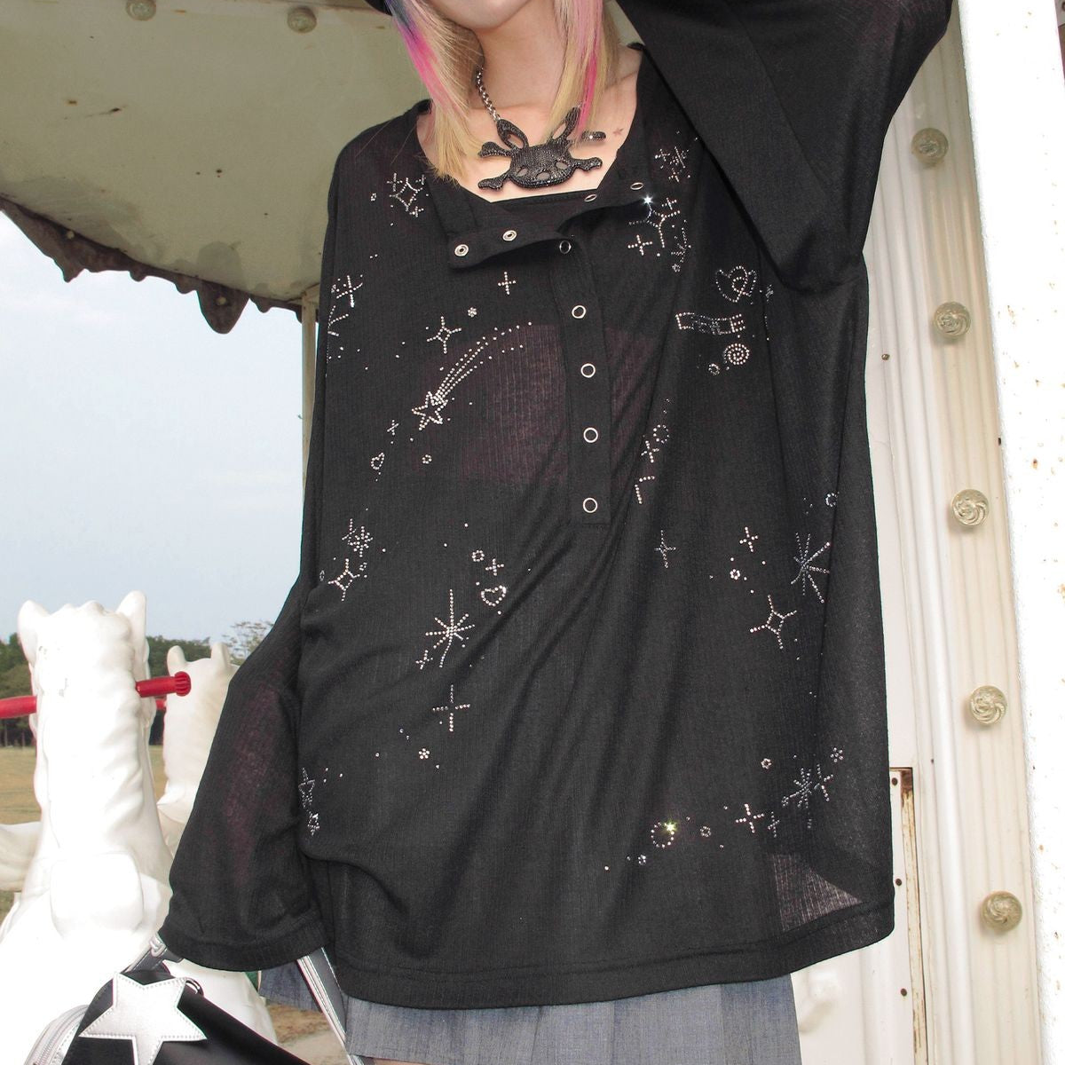 CFIERCE Starlight Rhinestone Henley Top in Black - On Model