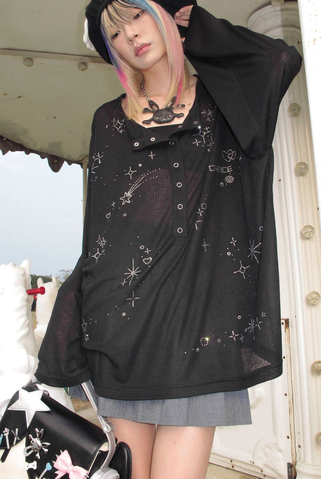 CFIERCE Starlight Rhinestone Henley Top in Black - On Model