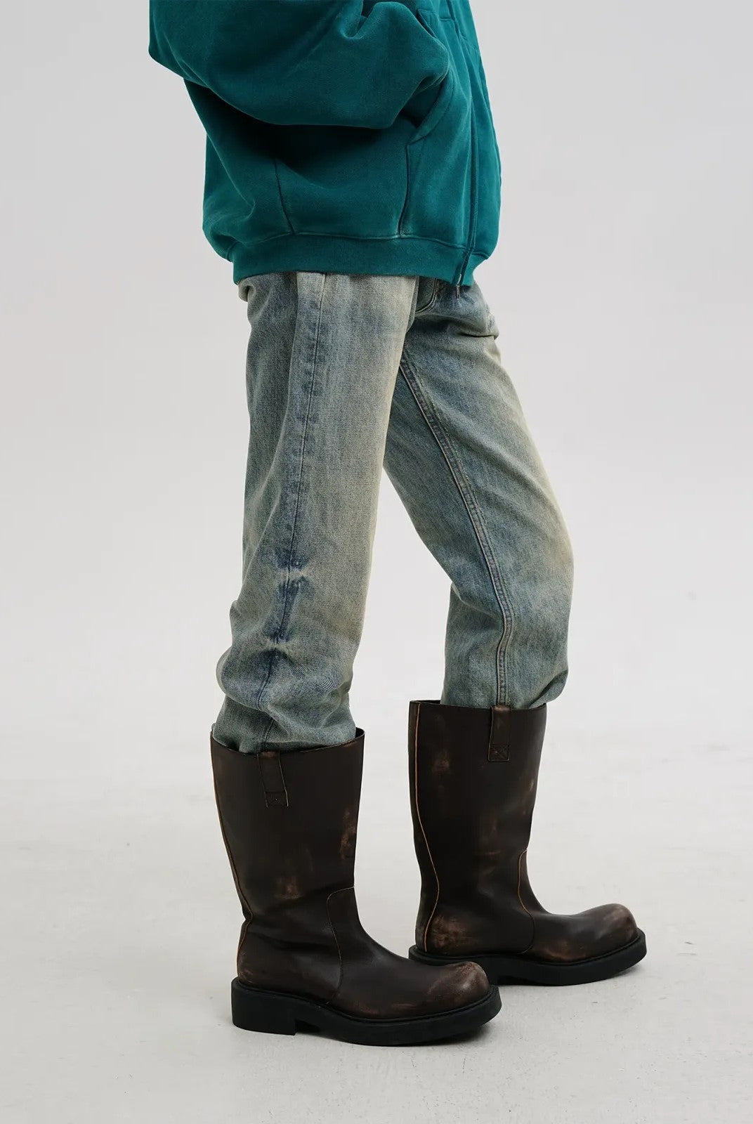 MASONPRINCE Wide Shaft Leather Military Boots in Brown - On Model