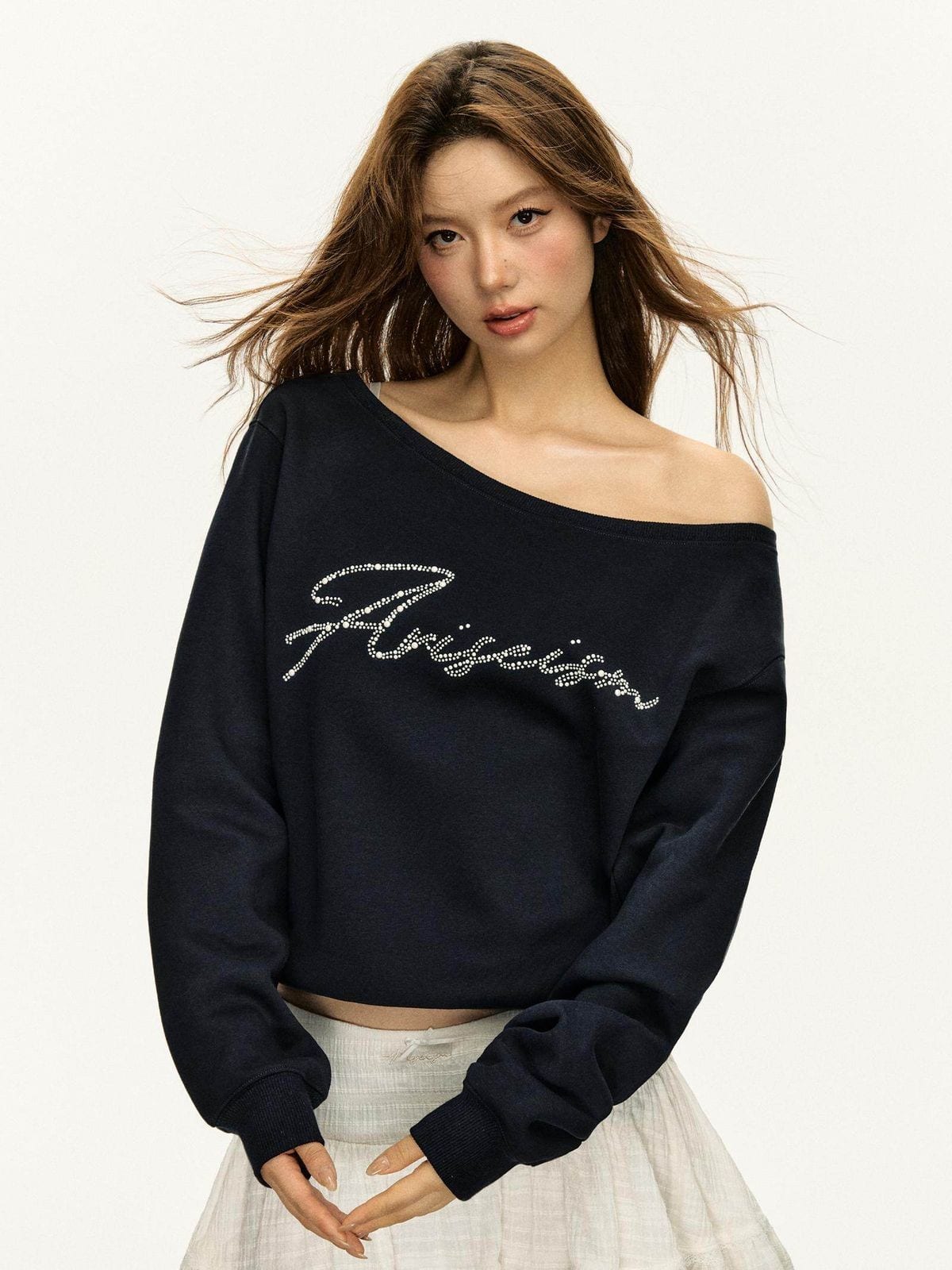 Ariseism Asymmetric Off Shoulder Rhinestone Sweatshirt in Navy Blue - On Model