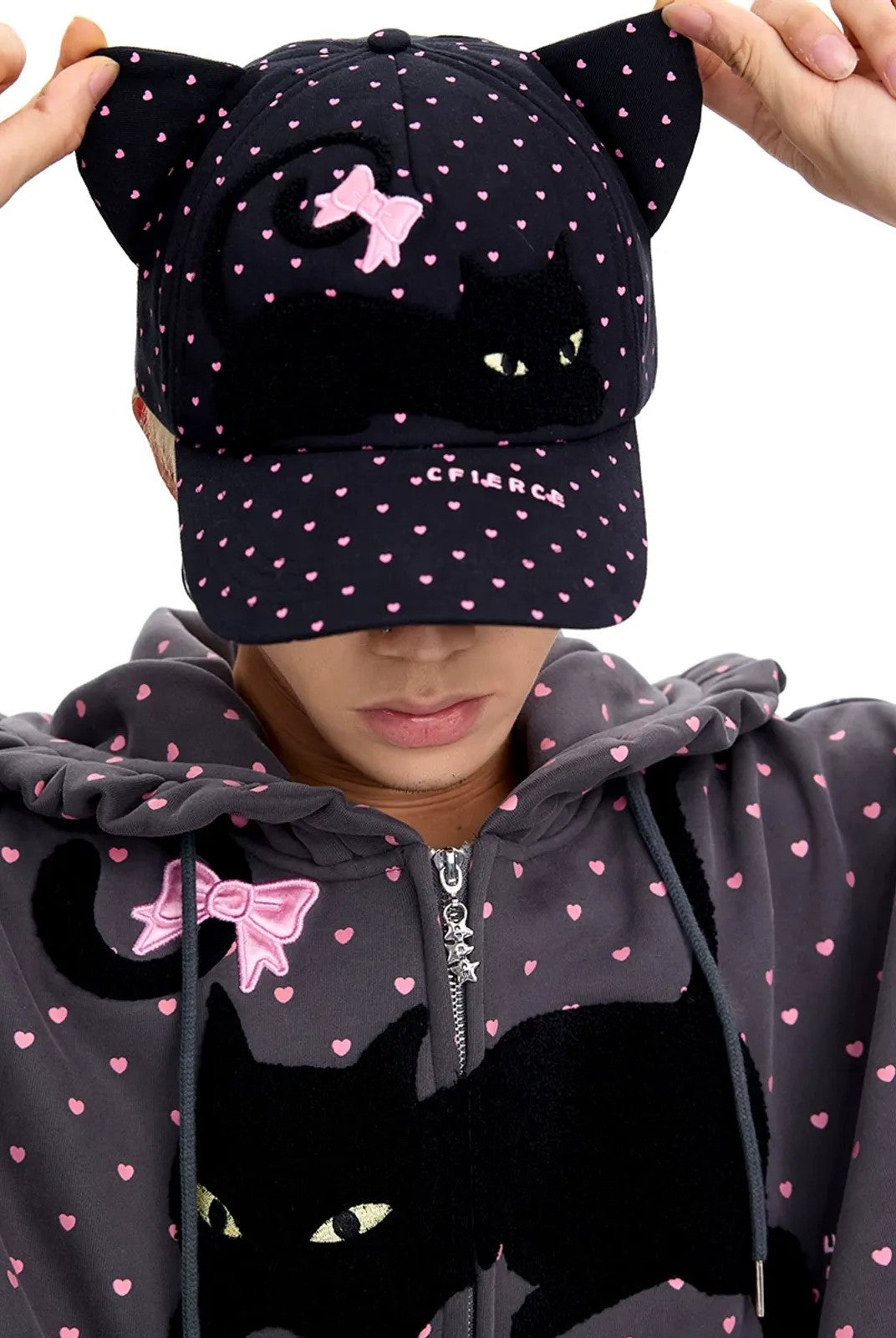 CFIERCE Embroidered Cat Ear Baseball Cap in Gray - On Model