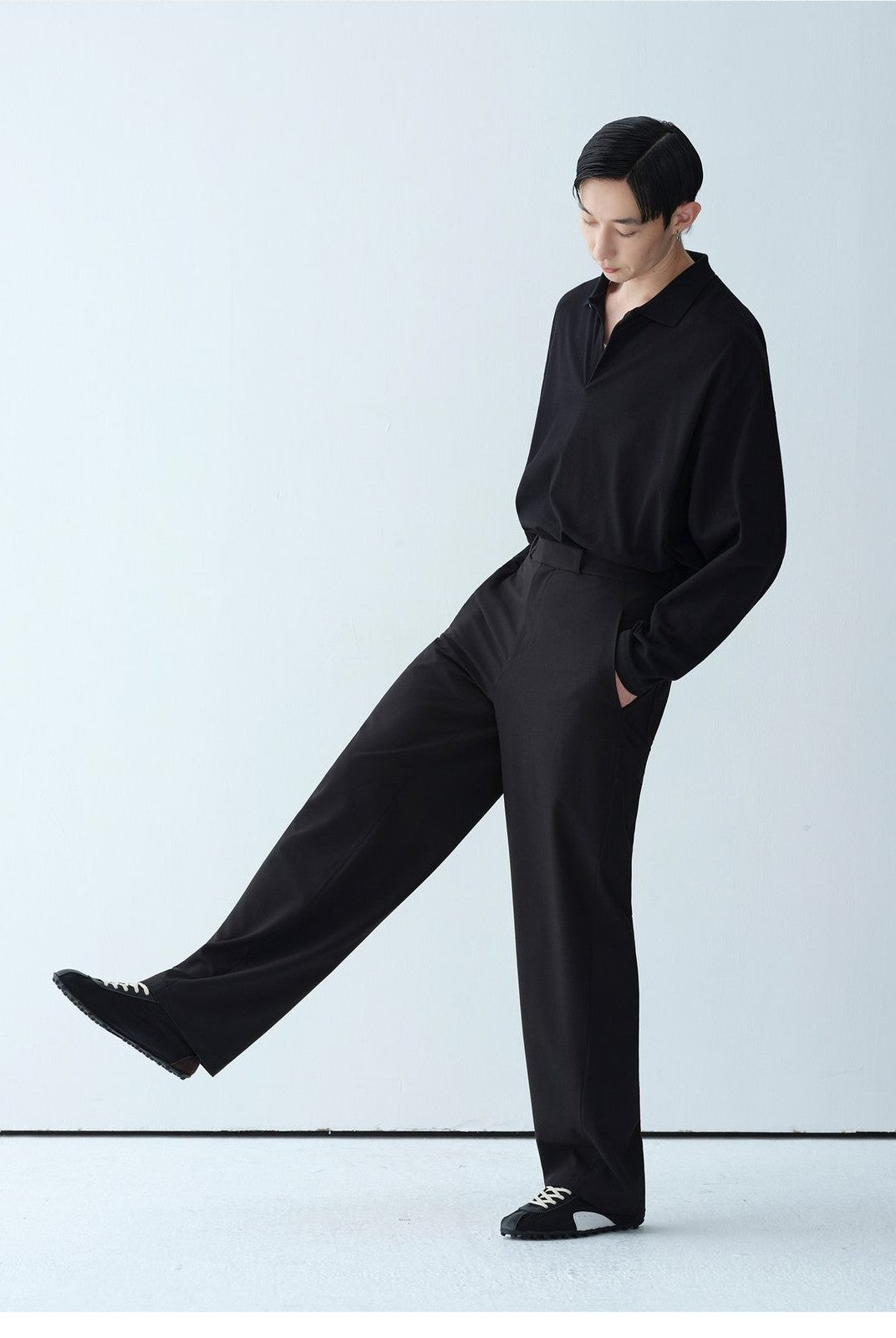 ROYA Semi Elastic Waist Trousers in Black - On Model