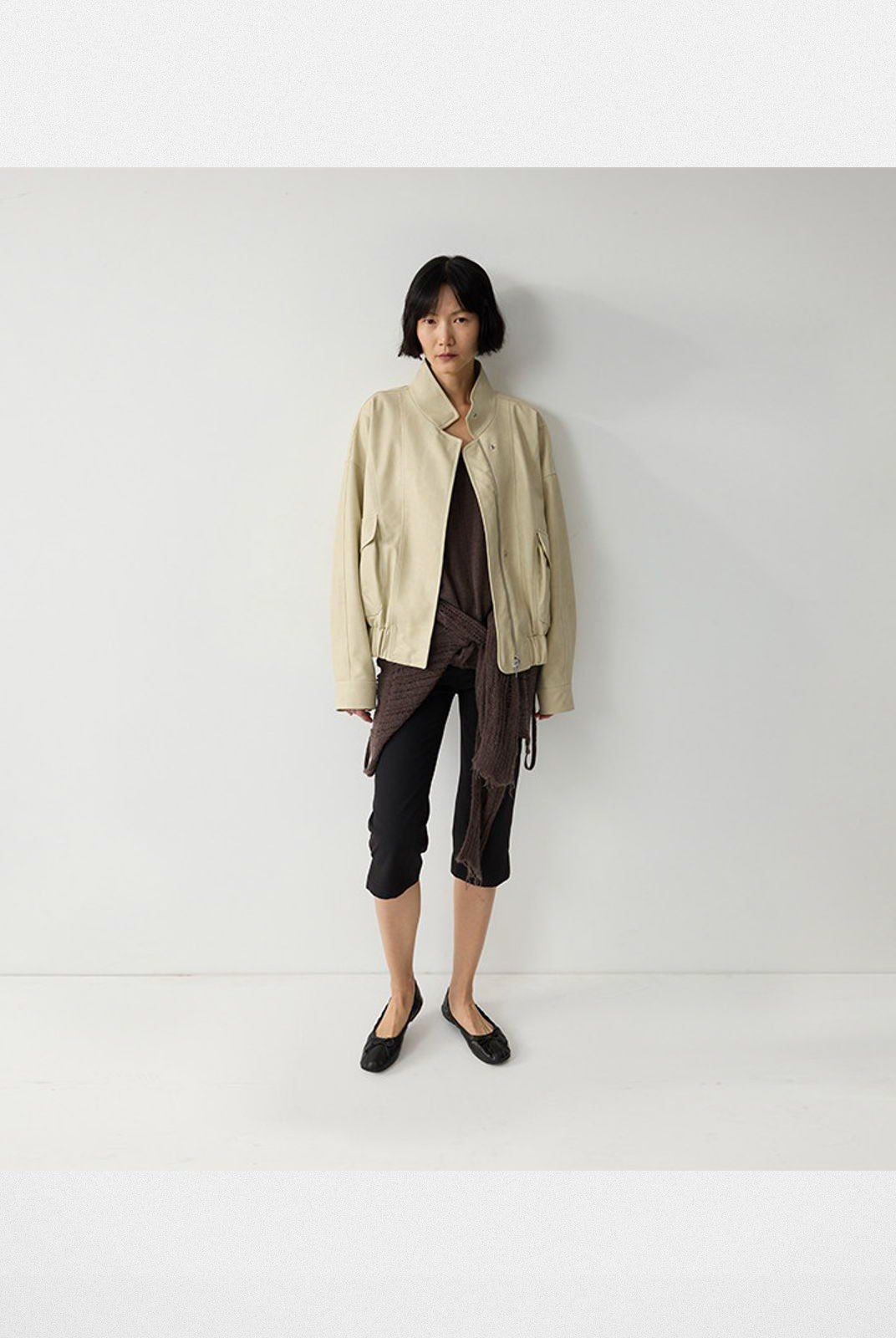 RandomPiece Elastic Hem Faux Leather Jacket in White - On Model