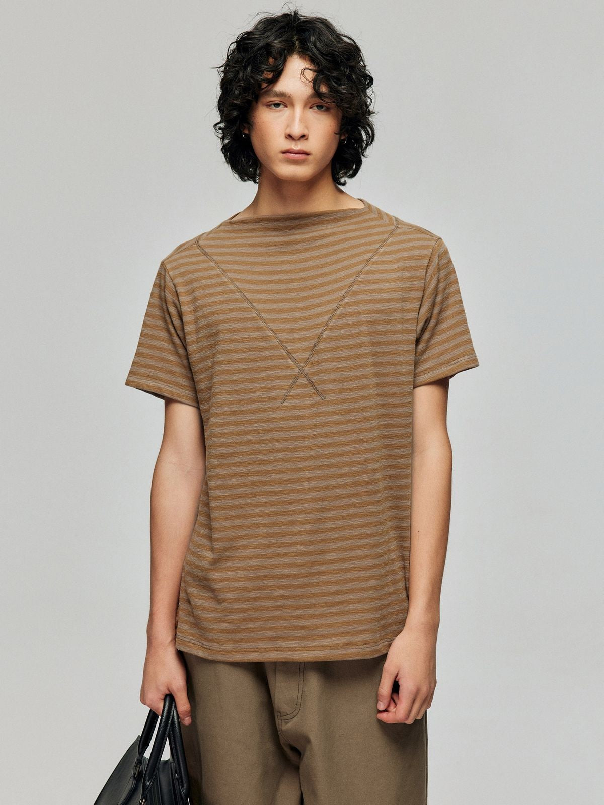 Simple Project Textured Striped Cotton T Shirt in Beige - On Male Model