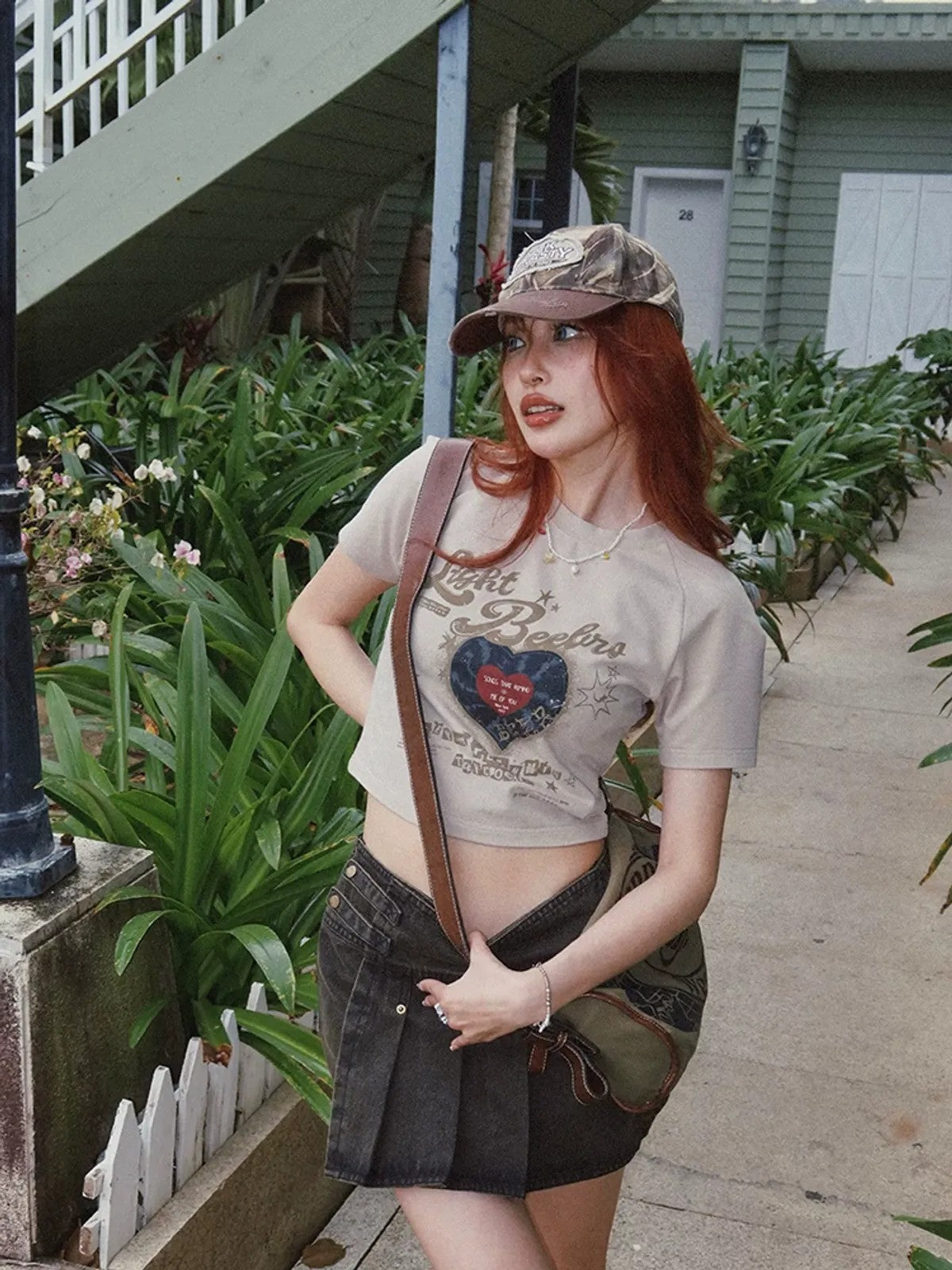 BeerBro Vinyl Print Cropped Baby Tee in Beige