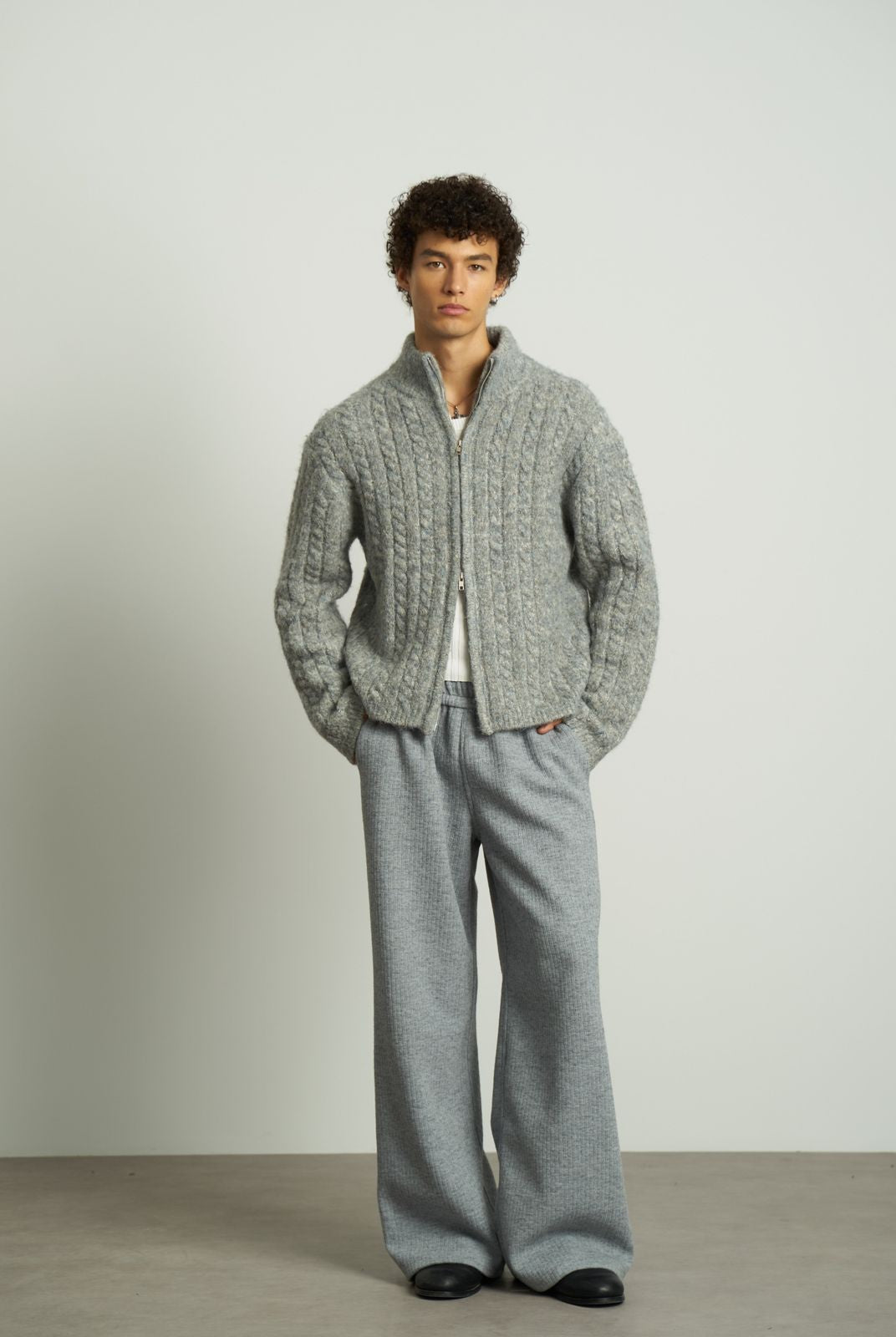 RETRO21 Double Zip Cable Knit Cardigan in Gray - On Model