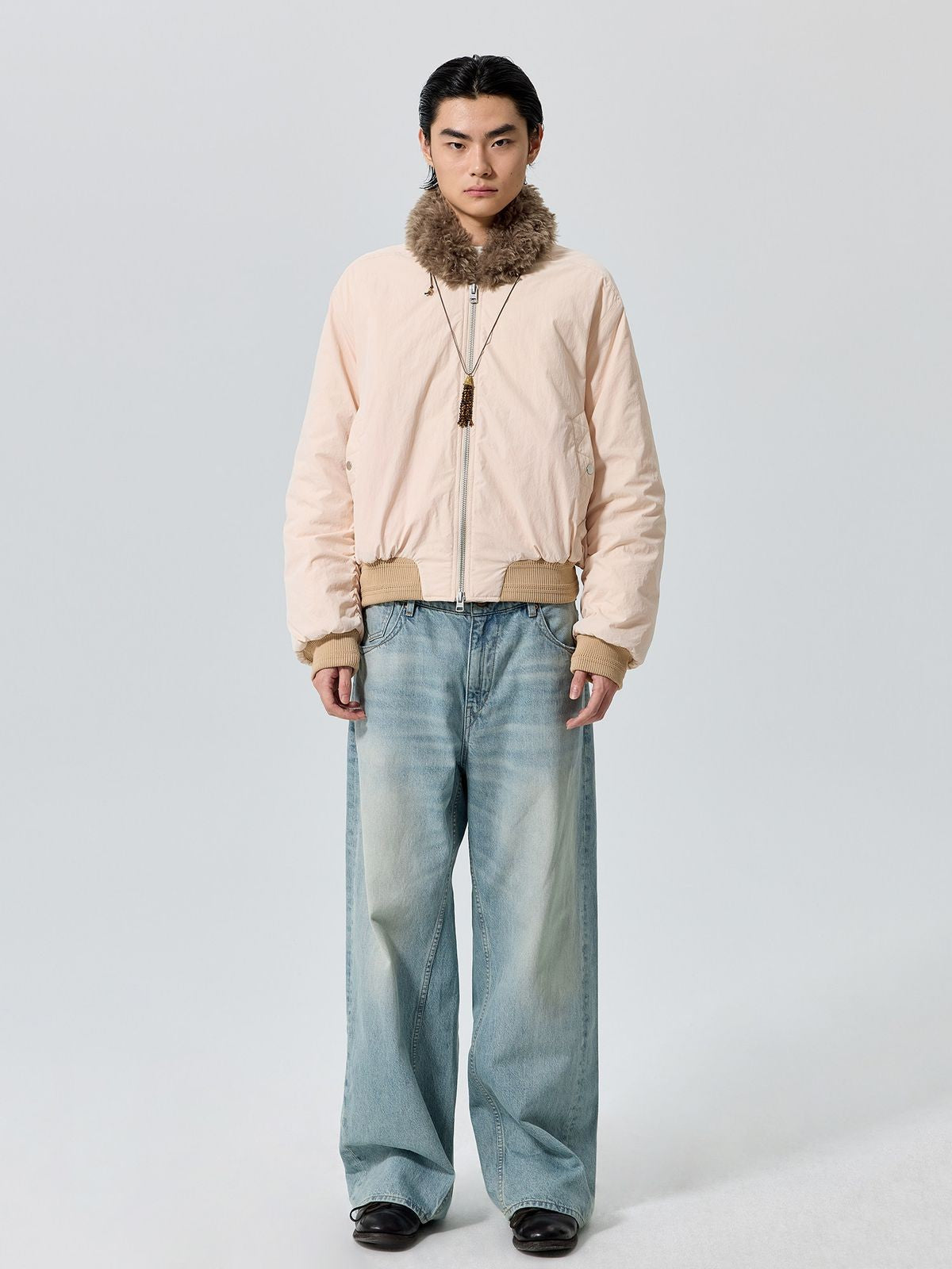 Simple Project Faux Fur Shawl Collar Padded Jacket in Pink - On Male Model