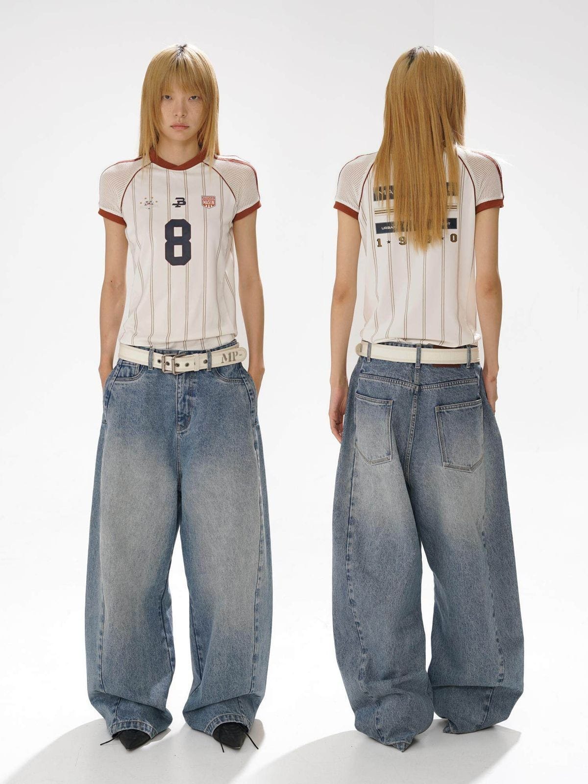 MasonPrince Striped Mesh Panel Jersey in White - On Model