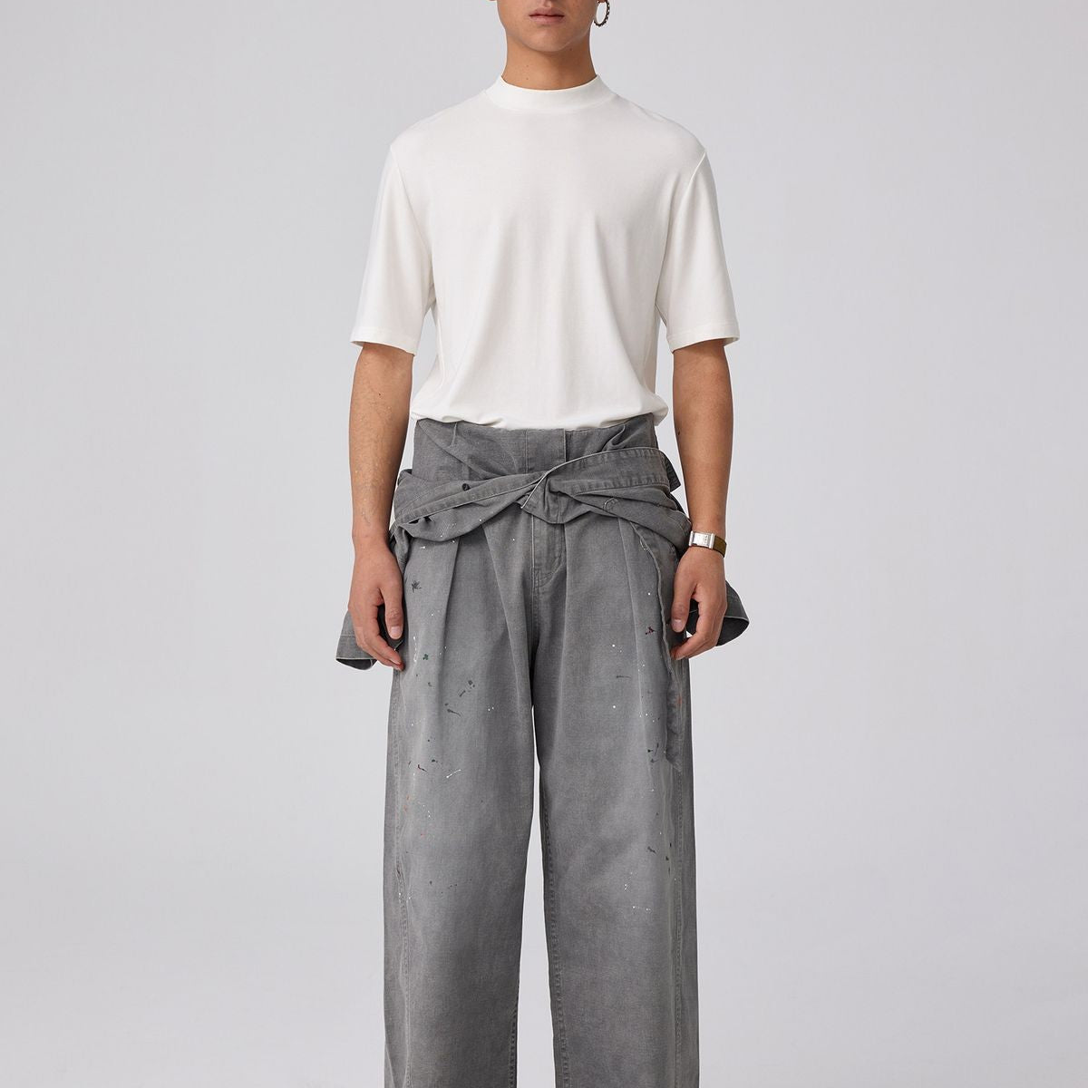 Simple Project Merino Wool Mock Neck T Shirt in White - On Male Model