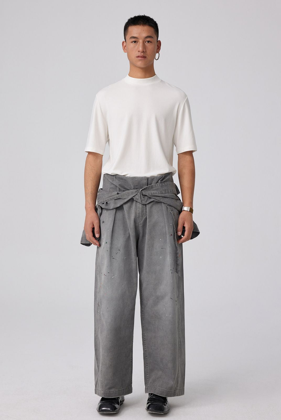 Simple Project Merino Wool Mock Neck T Shirt in White - On Male Model