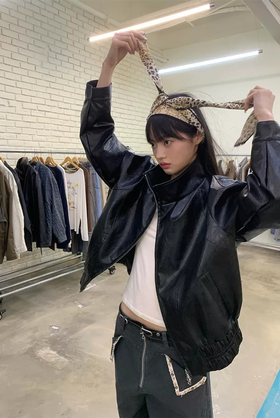 NeverSeez Stand Collar Faux Leather Jacket in Black - On Model