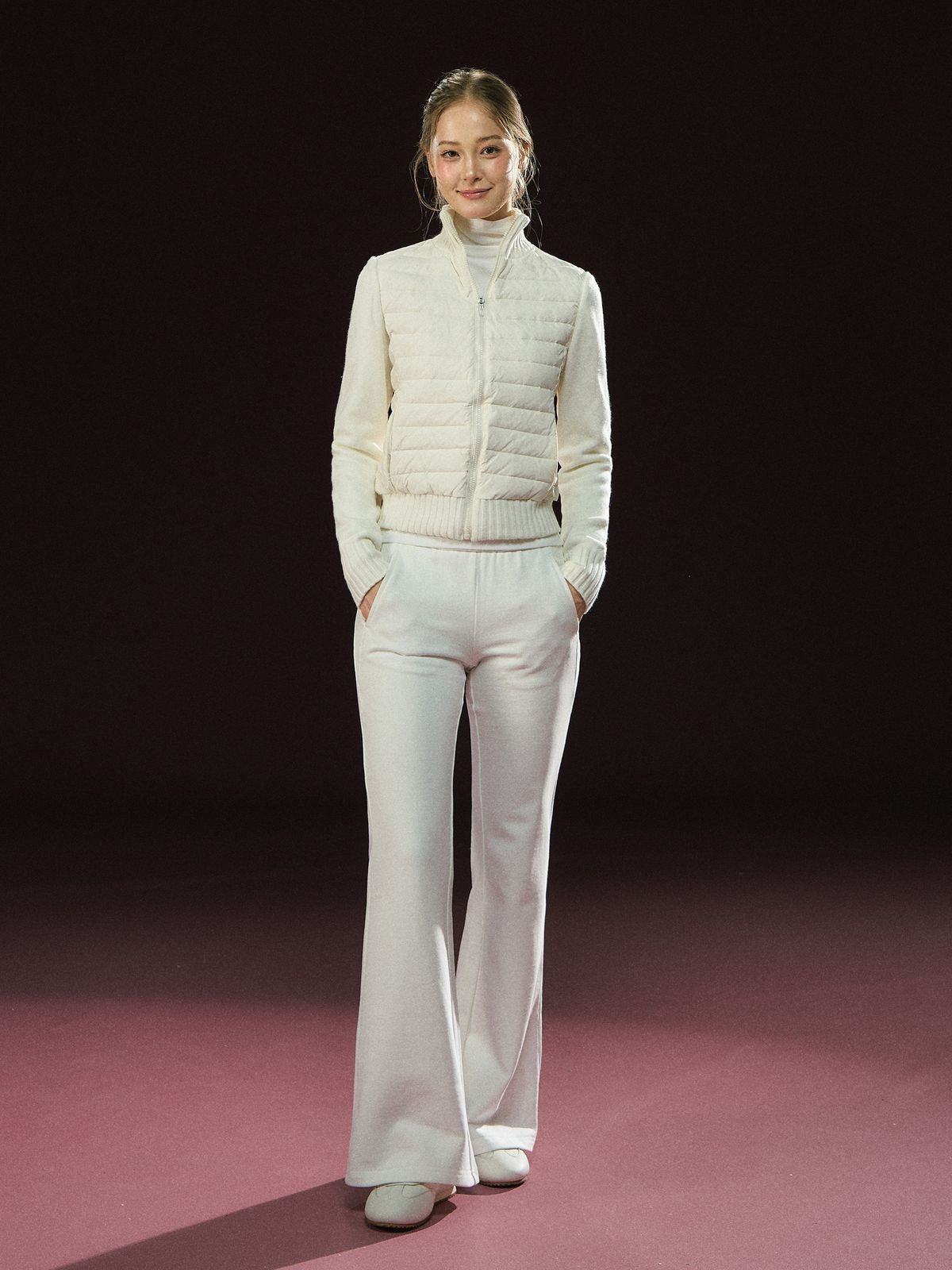 ARISEISM Knit Spliced Stand Collar Puffer in White - On Model