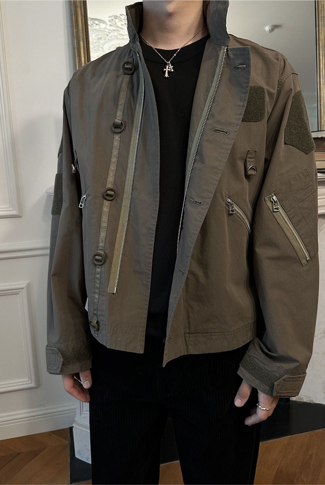 Roolrren Homme Cropped Cotton Flight Jacket in Olive - On Model