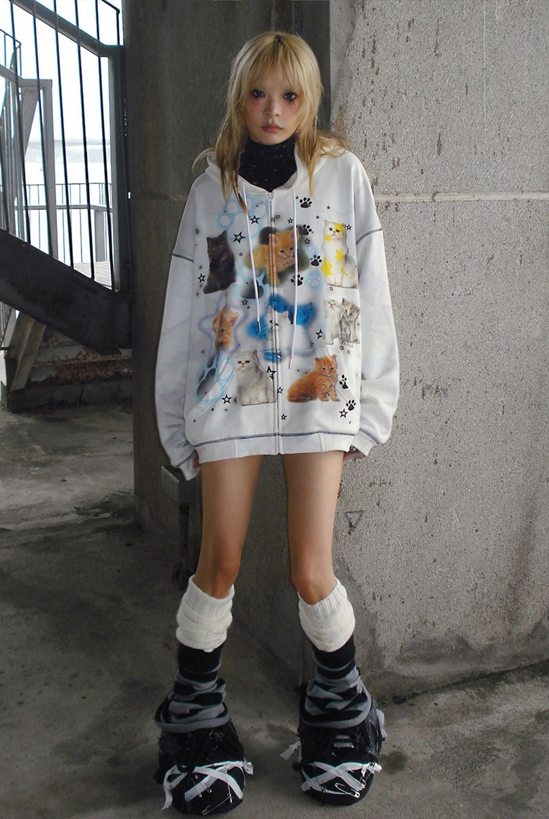 CFIERCE Cat Print Zip Up Hoodie in White - On Model