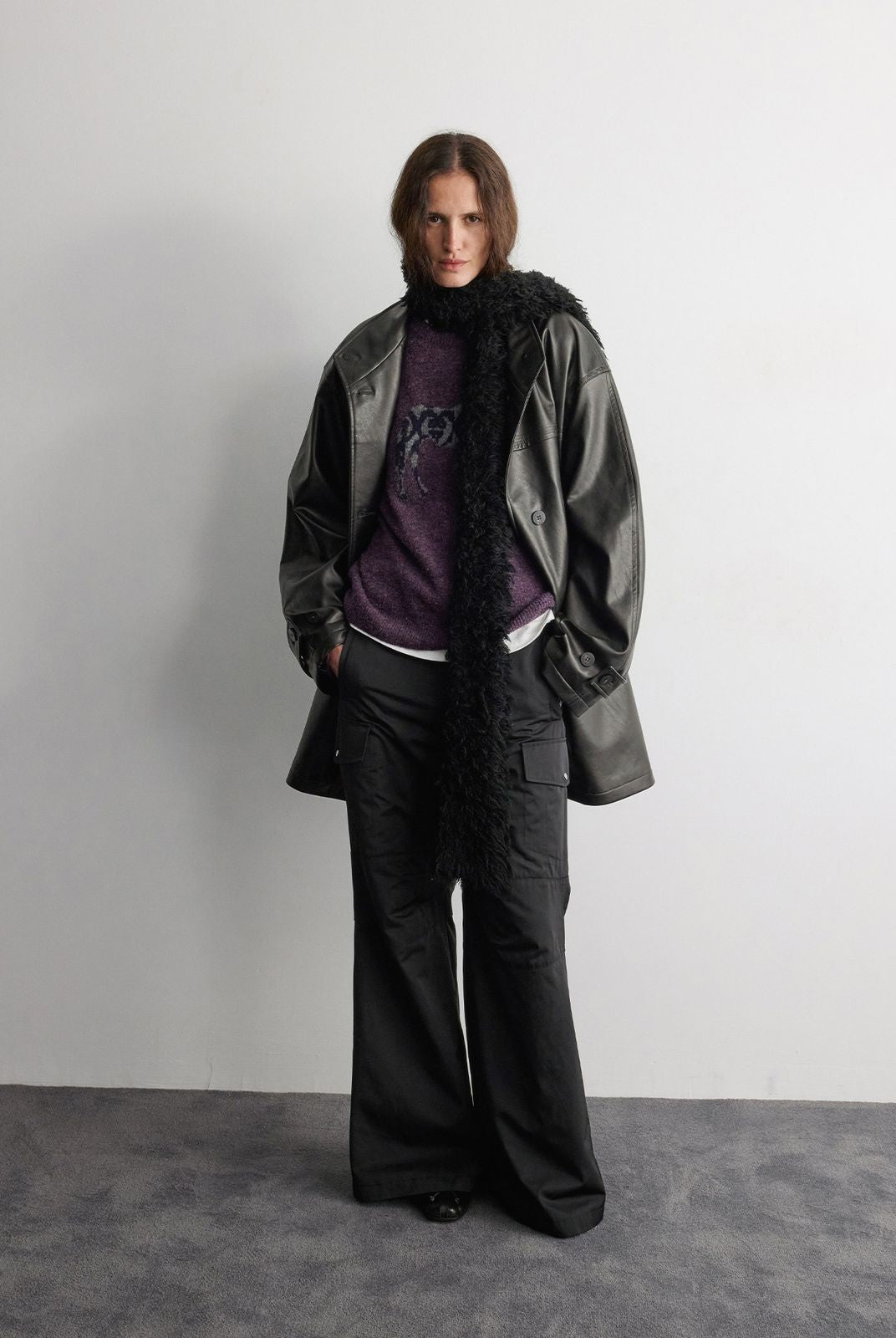RandomPiece Wool Lined Distressed PU Coat in Black - On Male Model