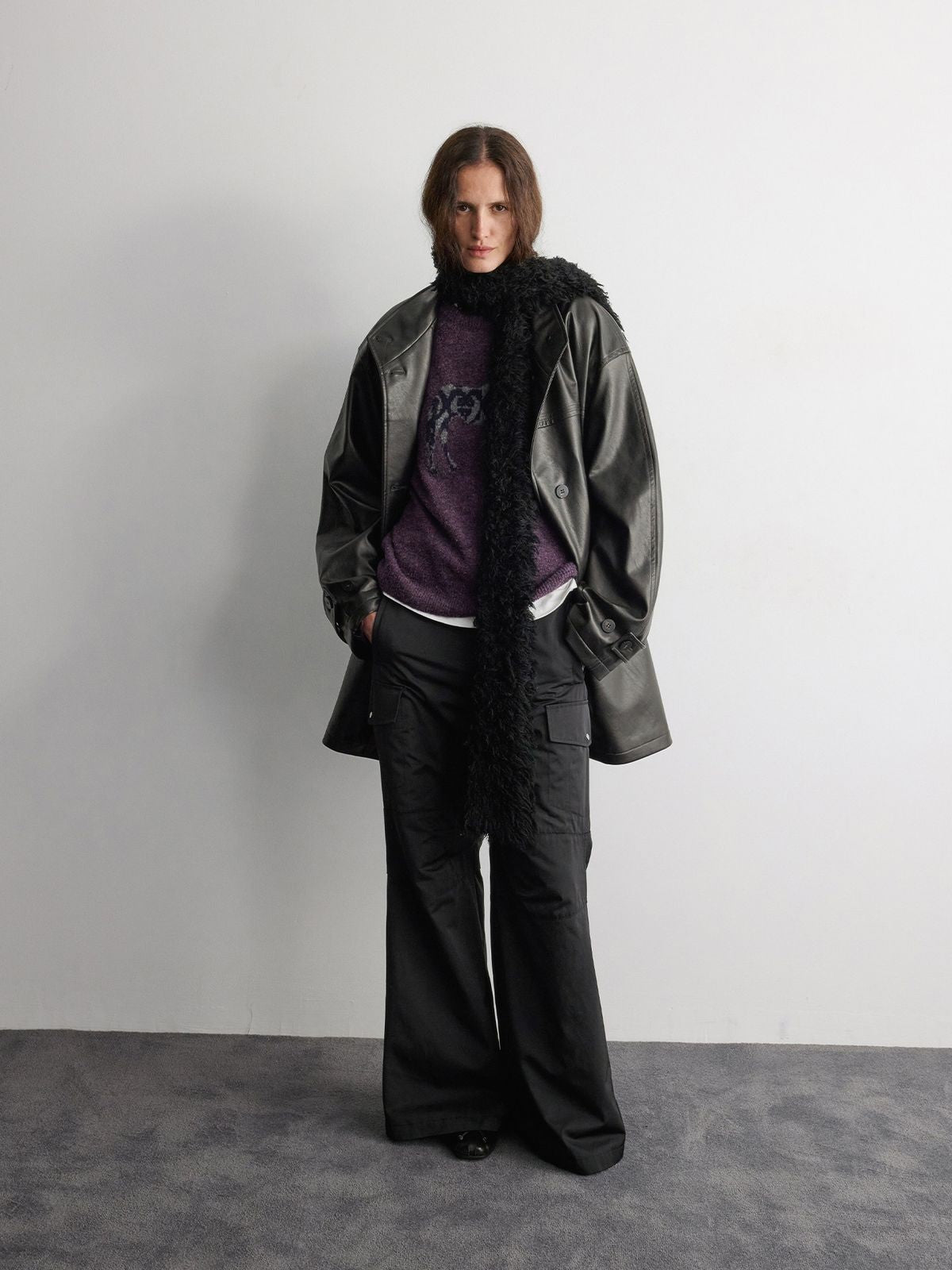 RandomPiece Wool Lined Distressed PU Coat in Black - On Male Model