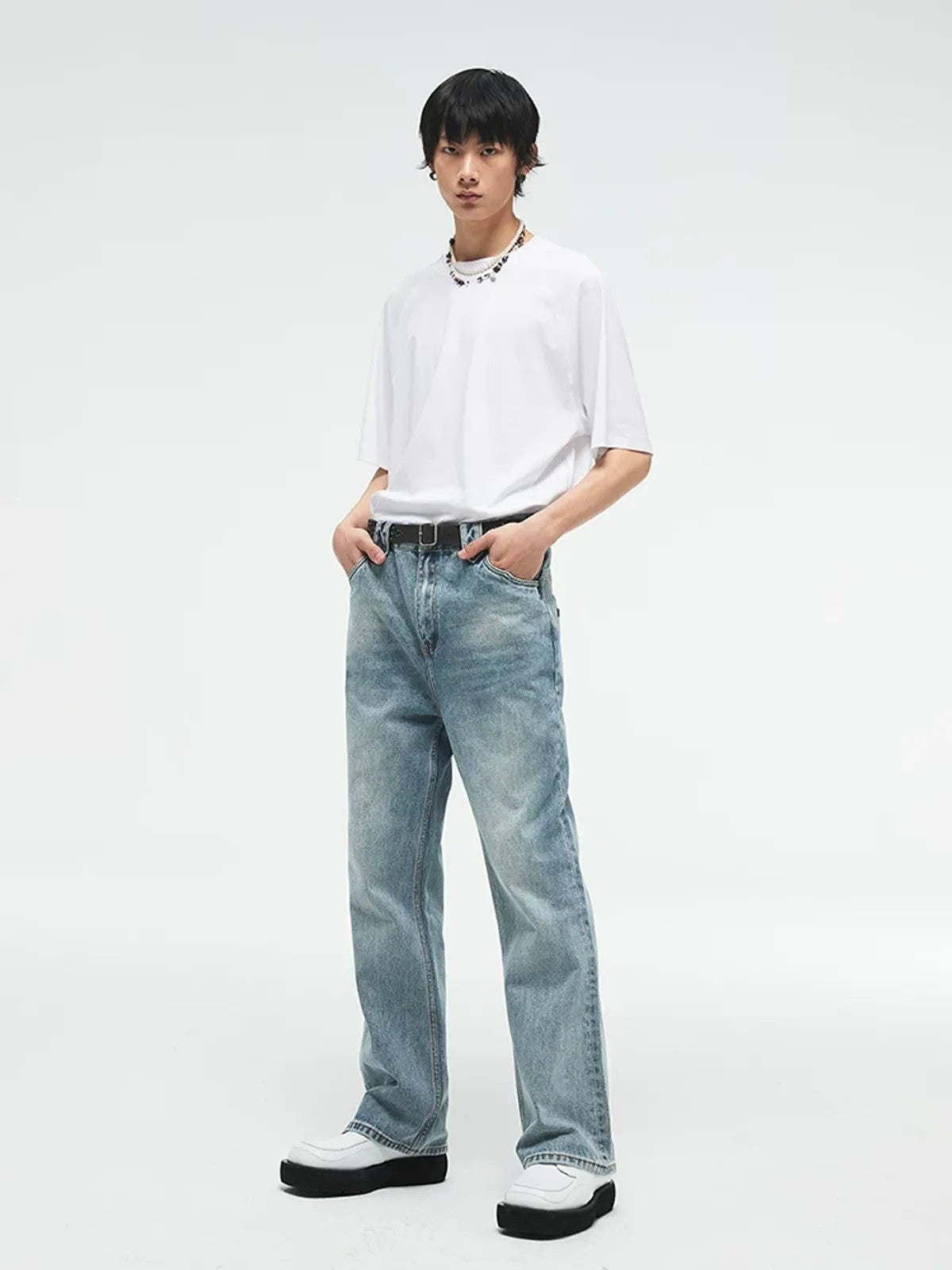 Simple Project Distressed Micro Flare Jeans in Blue - On Model