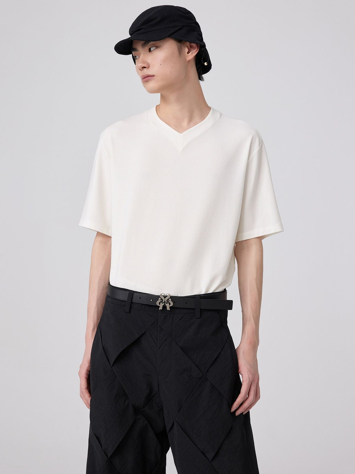 Simple Project Merino Wool V Neck T Shirt in White - On Model